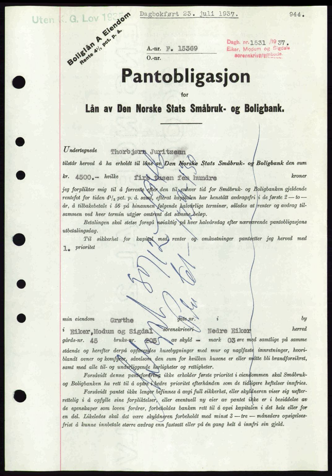 Eiker, Modum og Sigdal sorenskriveri, SAKO/A-123/G/Ga/Gab/L0035: Pantebok nr. A5, 1937-1937, Dagboknr: 1531/1937