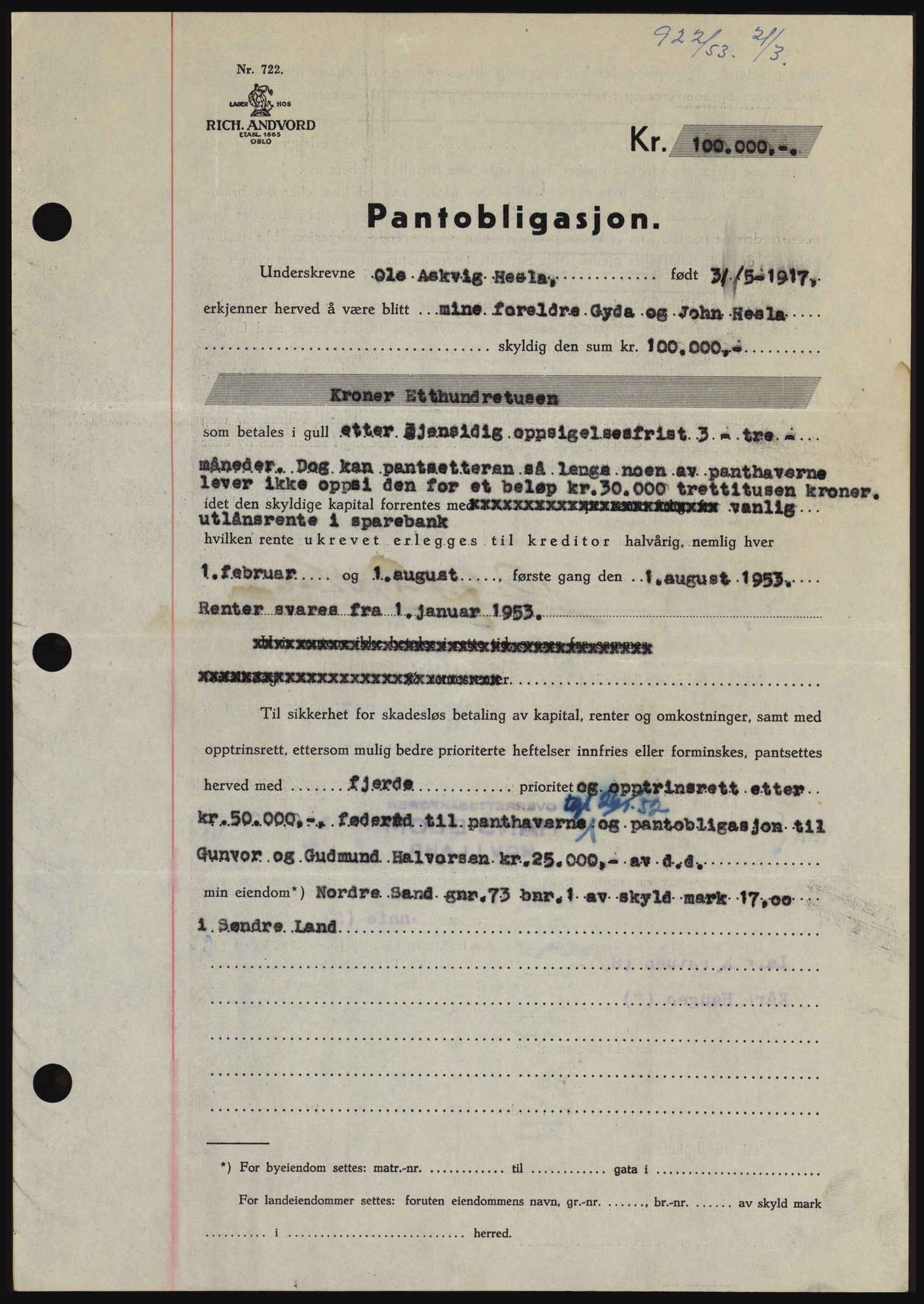 Hadeland og Land tingrett, SAH/TING-010/H/Hb/Hbc/L0026: Pantebok nr. B26, 1953-1953, Dagboknr: 922/1953