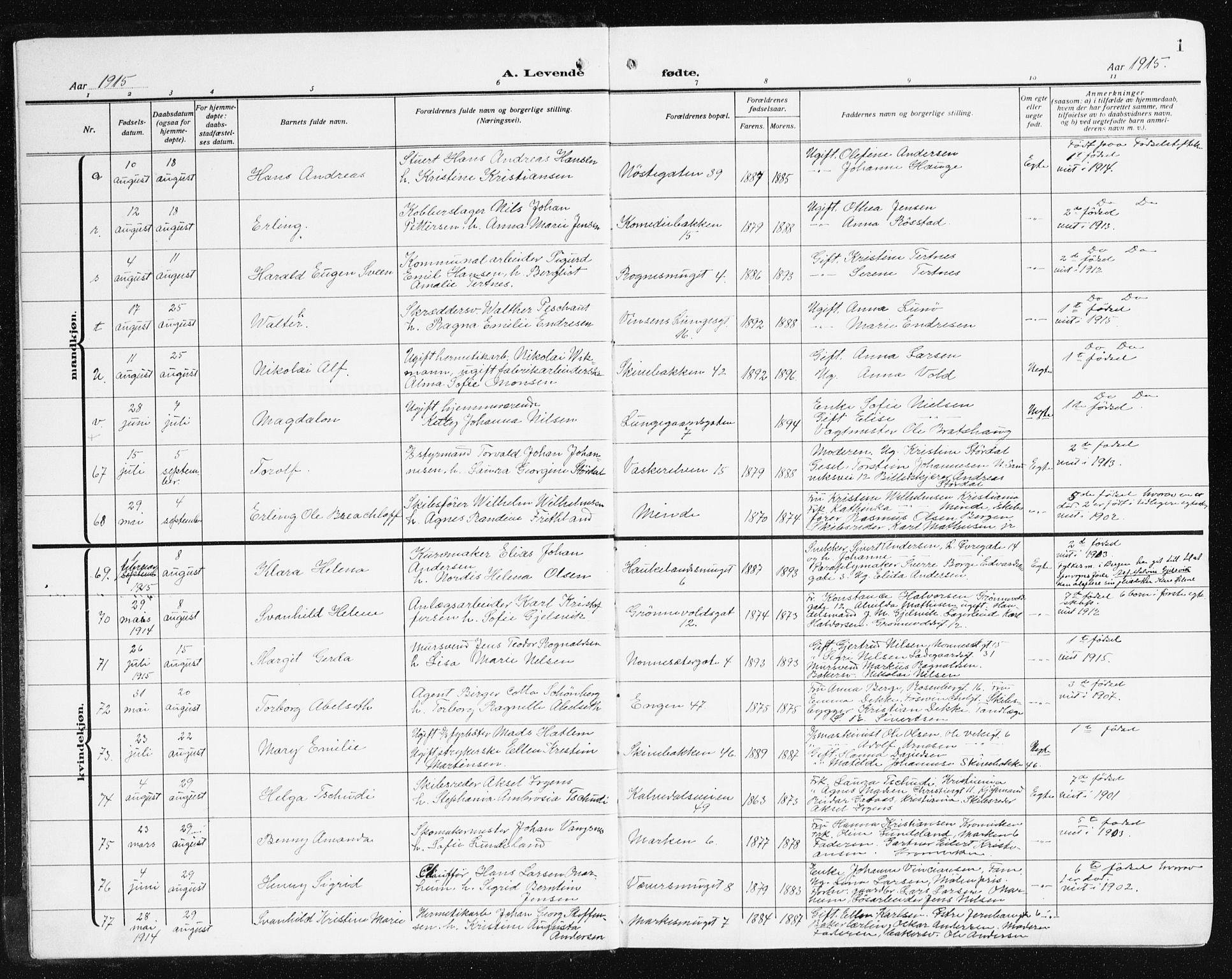Domkirken sokneprestembete, AV/SAB-A-74801/H/Hab/L0018: Klokkerbok nr. B 11, 1915-1942, s. 1