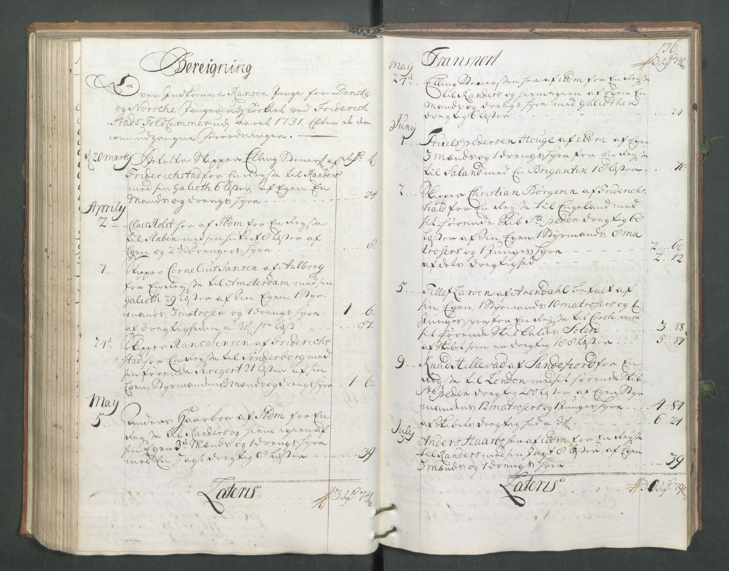 Generaltollkammeret, tollregnskaper, RA/EA-5490/R02/L0006/0001: Tollregnskaper Fredrikstad / Hovedtollbok, 1731, s. 136