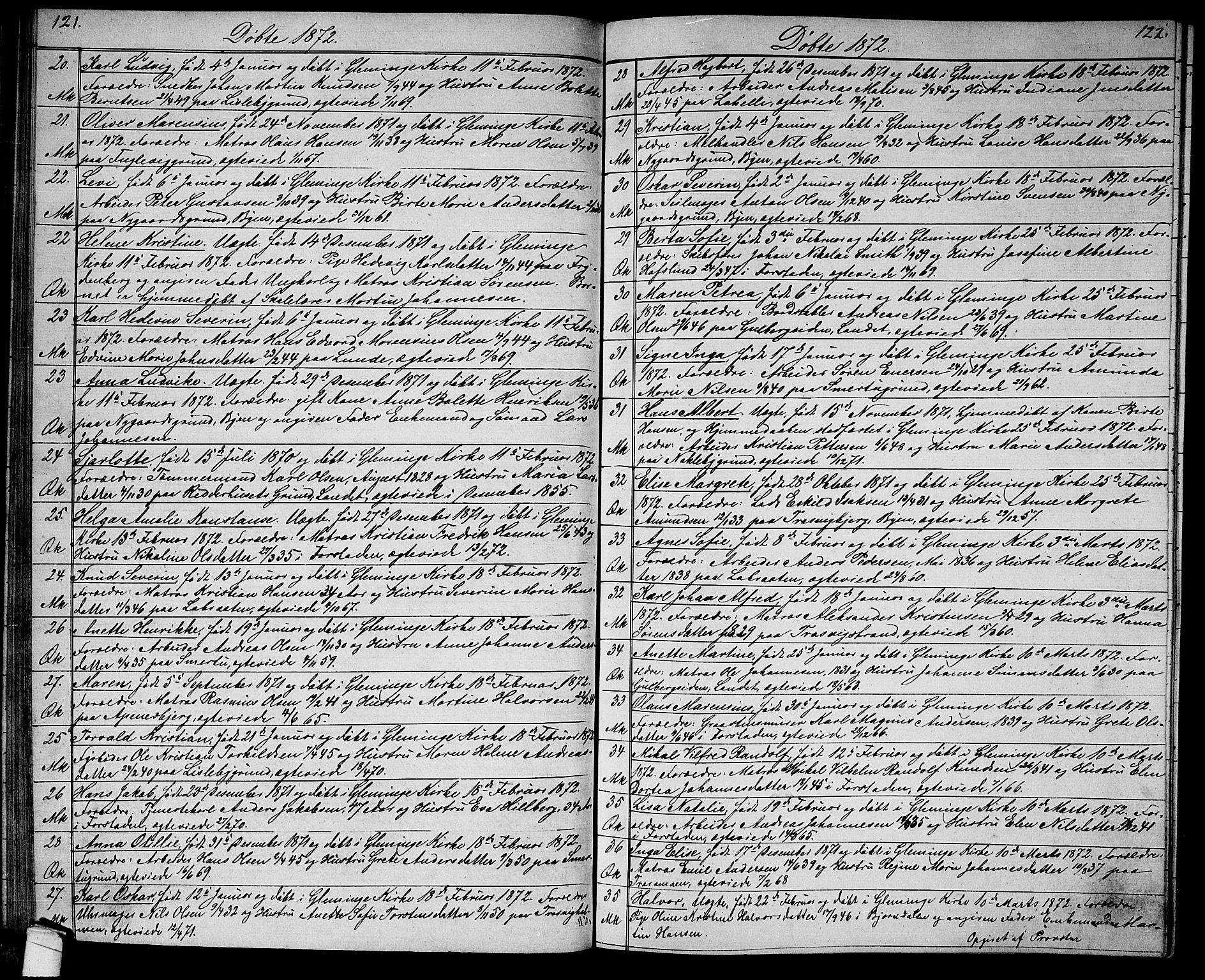 Glemmen prestekontor Kirkebøker, AV/SAO-A-10908/G/Ga/L0004: Klokkerbok nr. 4, 1867-1875, s. 121-122