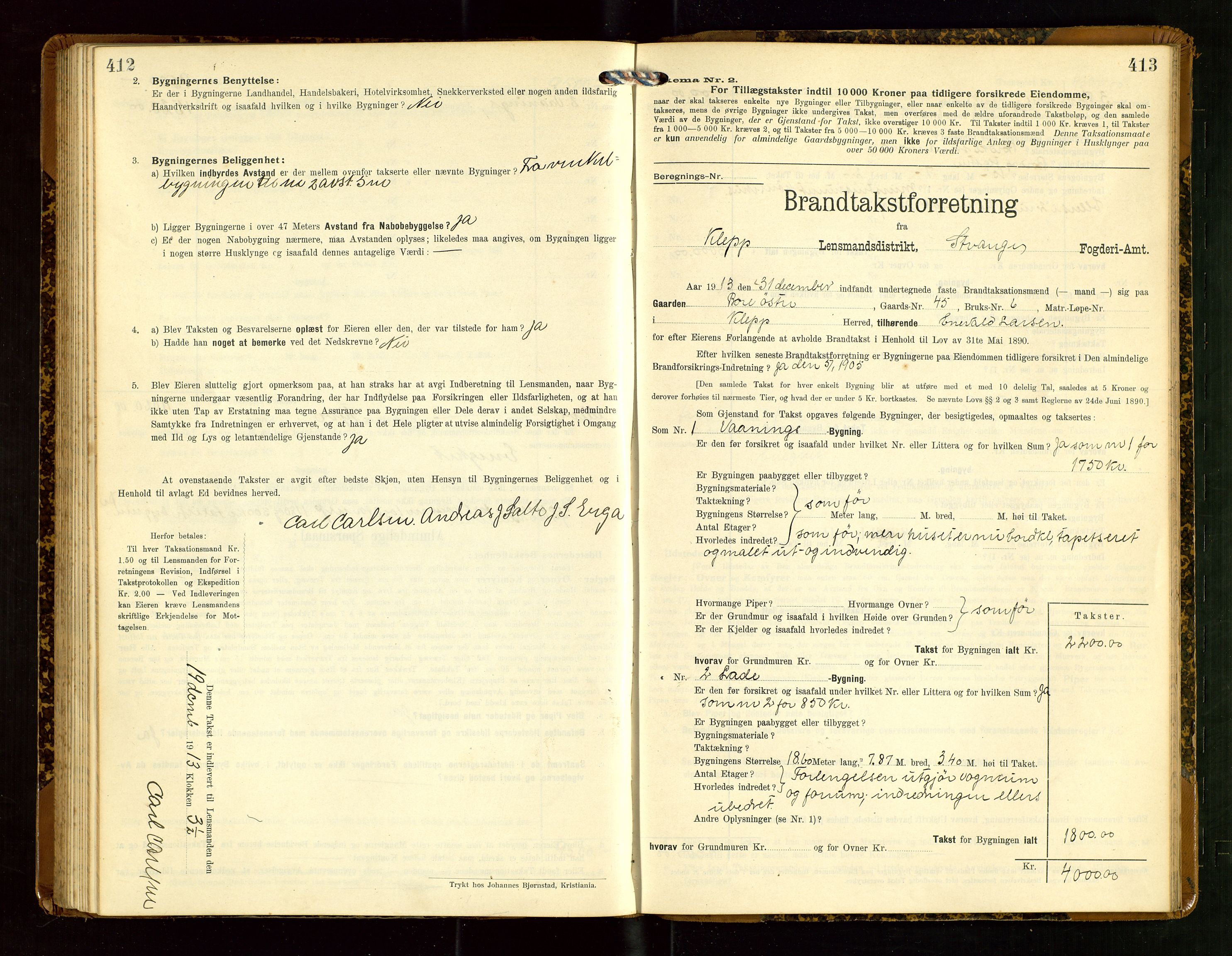 Klepp lensmannskontor, AV/SAST-A-100163/Goc/L0007: "Brandtaxationsprotokol" m/register, 1911-1915, s. 412-413