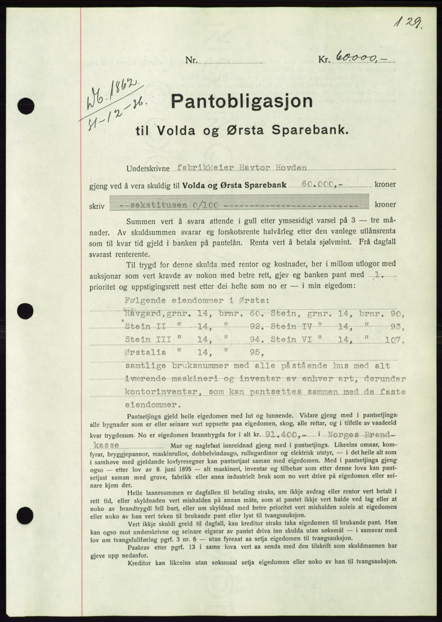 Søre Sunnmøre sorenskriveri, AV/SAT-A-4122/1/2/2C/L0062: Pantebok nr. 56, 1936-1937, Dagboknr: 1862/1936