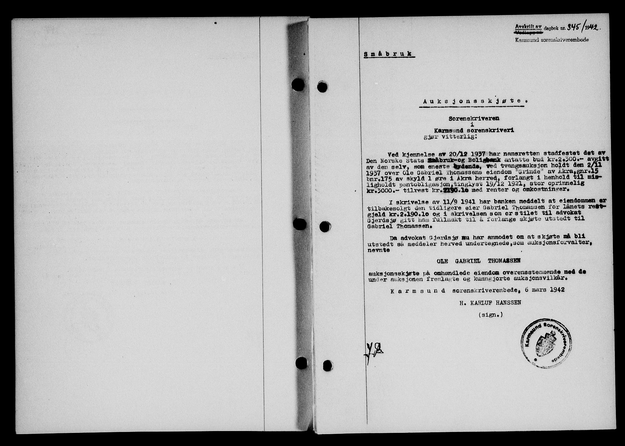 Karmsund sorenskriveri, SAST/A-100311/01/II/IIB/L0077: Pantebok nr. 58A, 1942-1942, Dagboknr: 345/1942