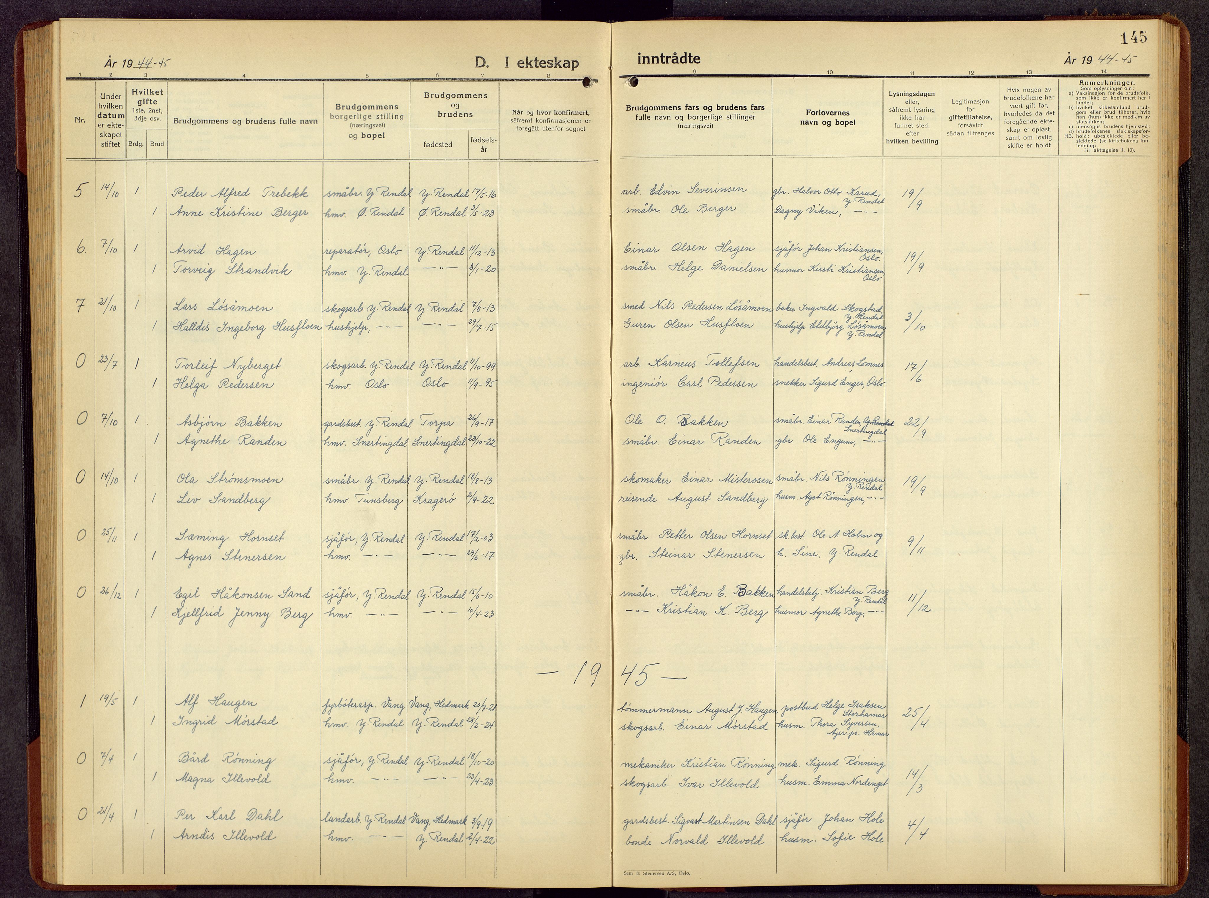 Rendalen prestekontor, AV/SAH-PREST-054/H/Ha/Hab/L0006: Klokkerbok nr. 6, 1941-1958, s. 145