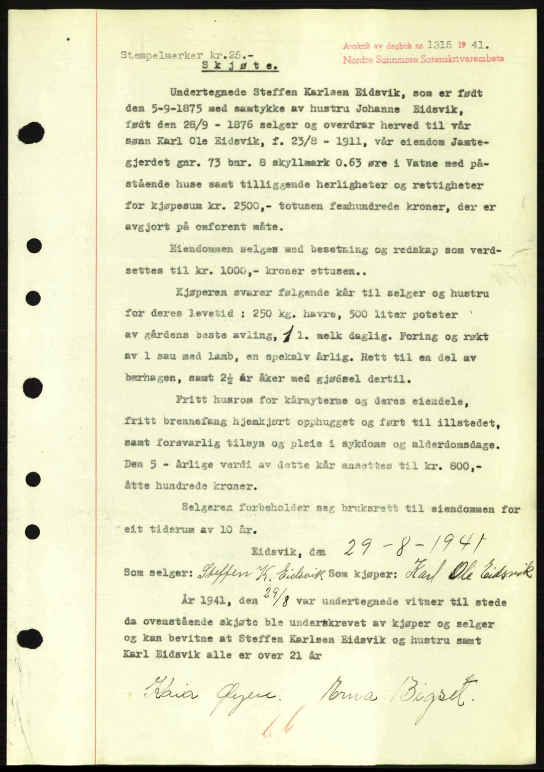 Nordre Sunnmøre sorenskriveri, SAT/A-0006/1/2/2C/2Ca: Pantebok nr. A11, 1941-1941, Dagboknr: 1315/1941