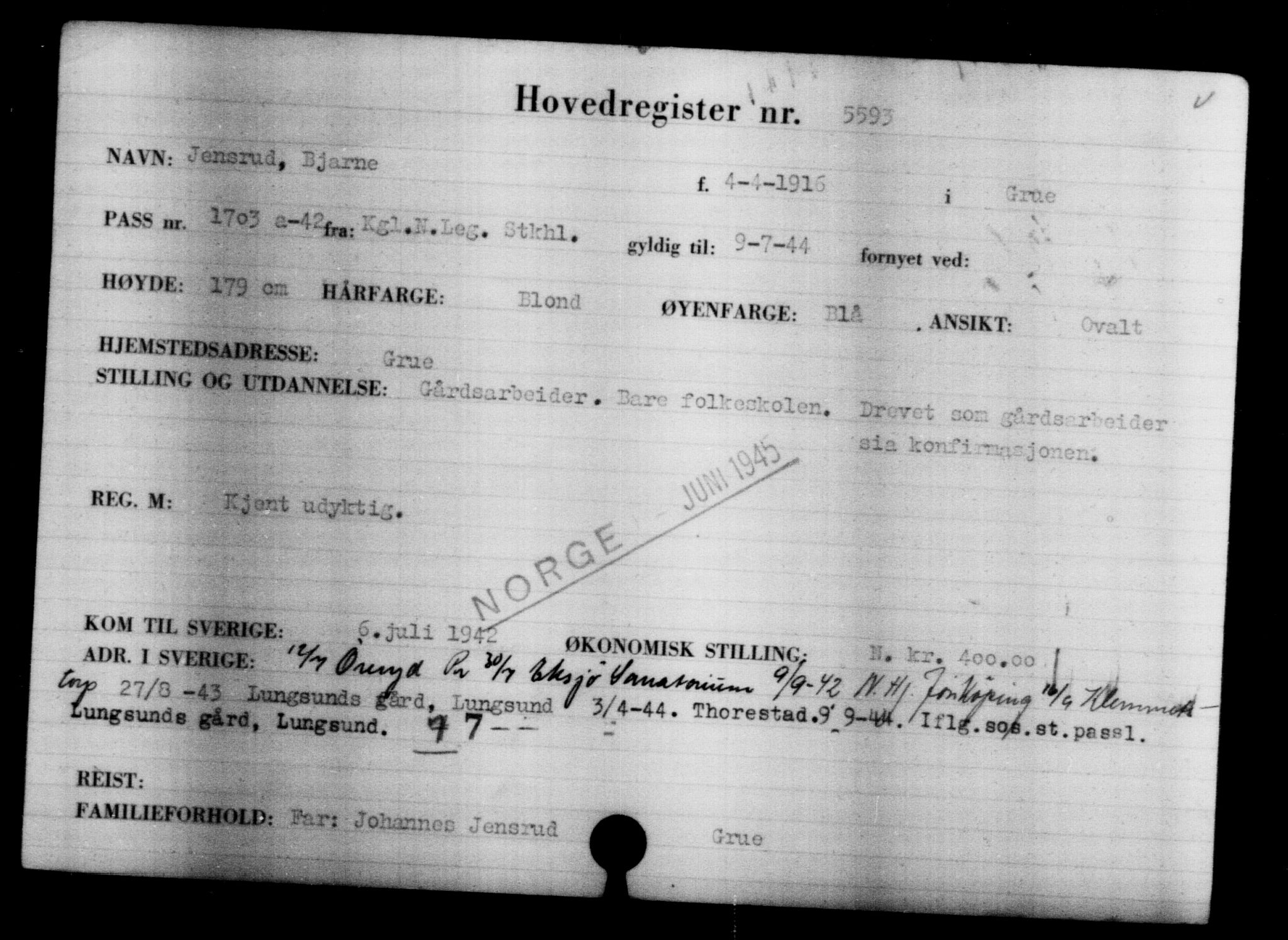 Utenriksstasjonene, Legasjonen i Stockholm, Flyktningkontoret, AV/RA-S-6753/V/Va/L0004: Kjesäterkartoteket, flyktninger med registreringsnr. 3496-6610, 1940-1945, s. 2431
