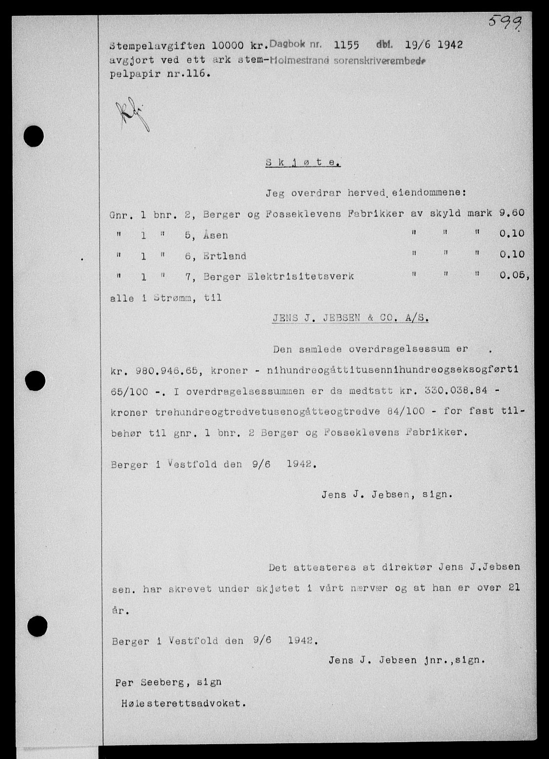 Holmestrand sorenskriveri, SAKO/A-67/G/Ga/Gaa/L0055: Pantebok nr. A-55, 1942-1942, Dagboknr: 1155/1942