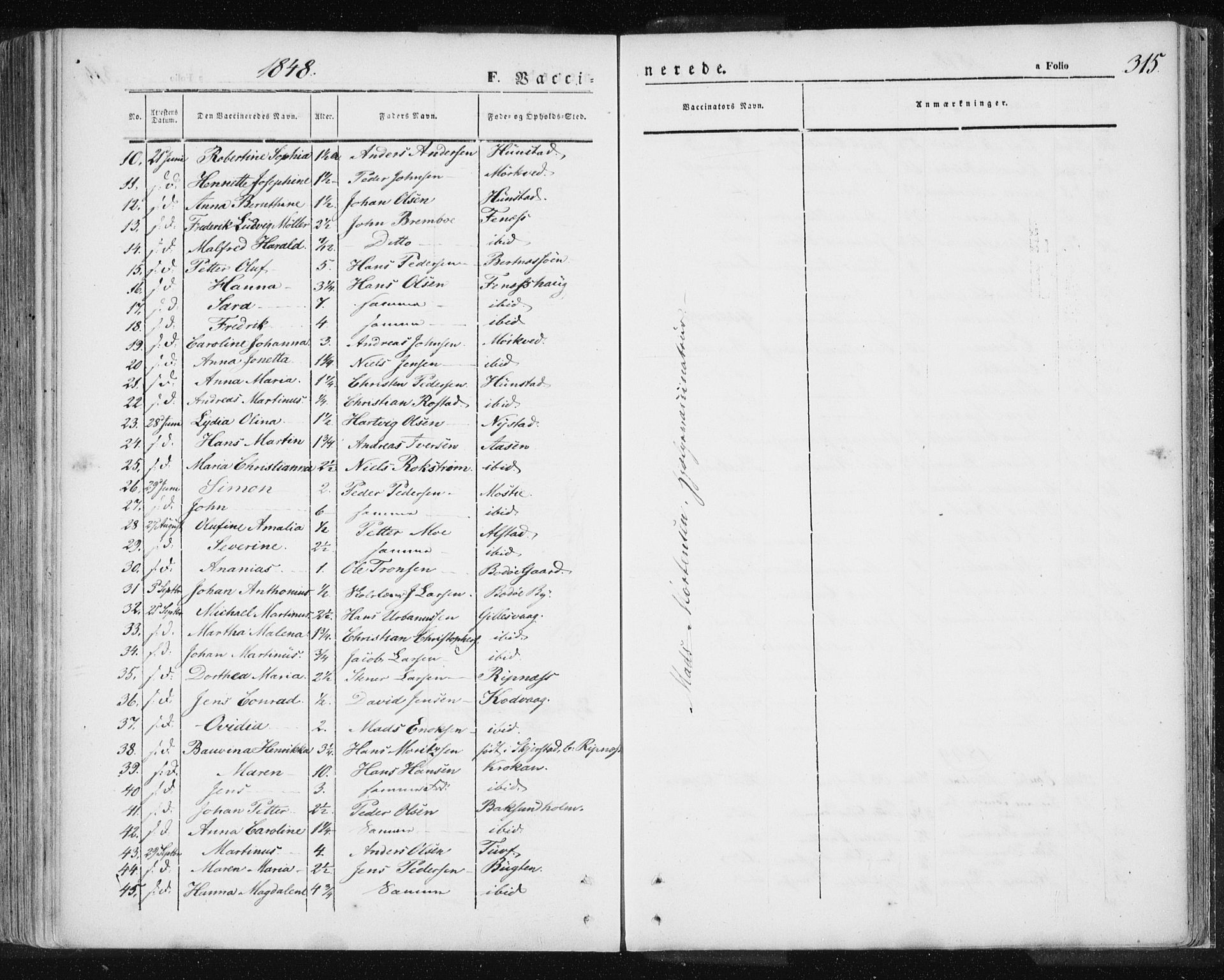 Ministerialprotokoller, klokkerbøker og fødselsregistre - Nordland, AV/SAT-A-1459/801/L0007: Ministerialbok nr. 801A07, 1845-1863, s. 315