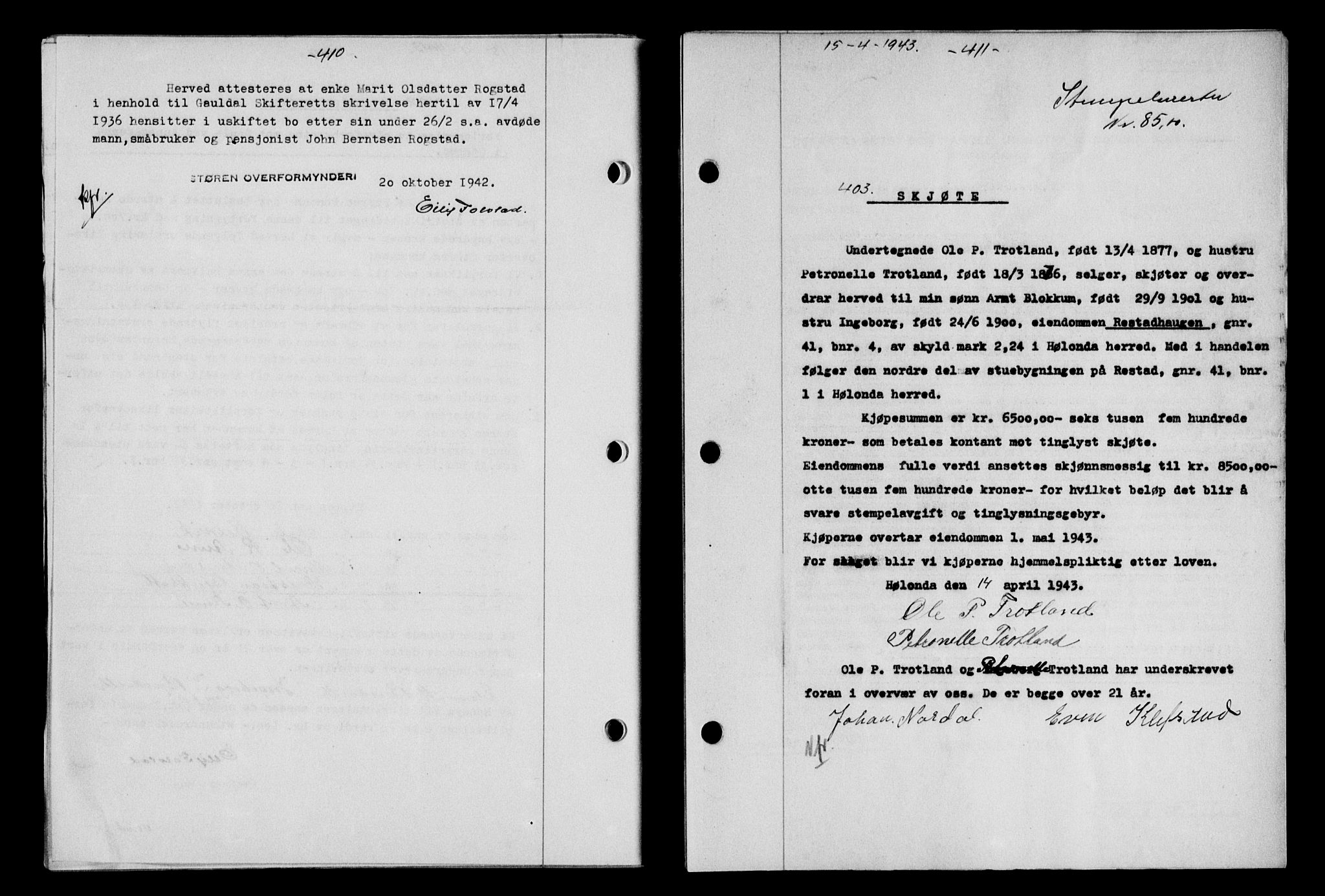 Gauldal sorenskriveri, SAT/A-0014/1/2/2C/L0056: Pantebok nr. 61, 1942-1943, Dagboknr: 403/1943
