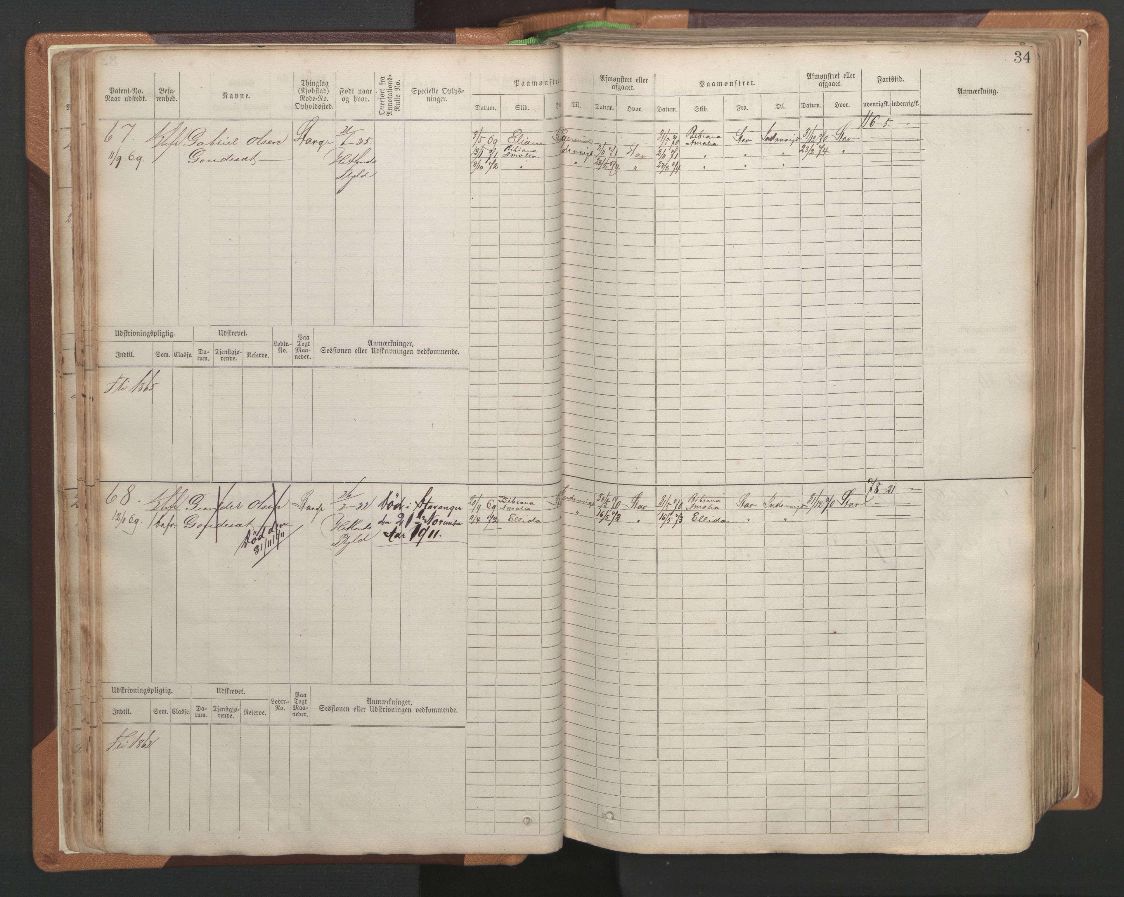 Stavanger sjømannskontor, AV/SAST-A-102006/F/Fb/Fbb/L0004: Sjøfartshovedrulle, patentnr. 1-792 (del 1), 1869-1880, s. 38
