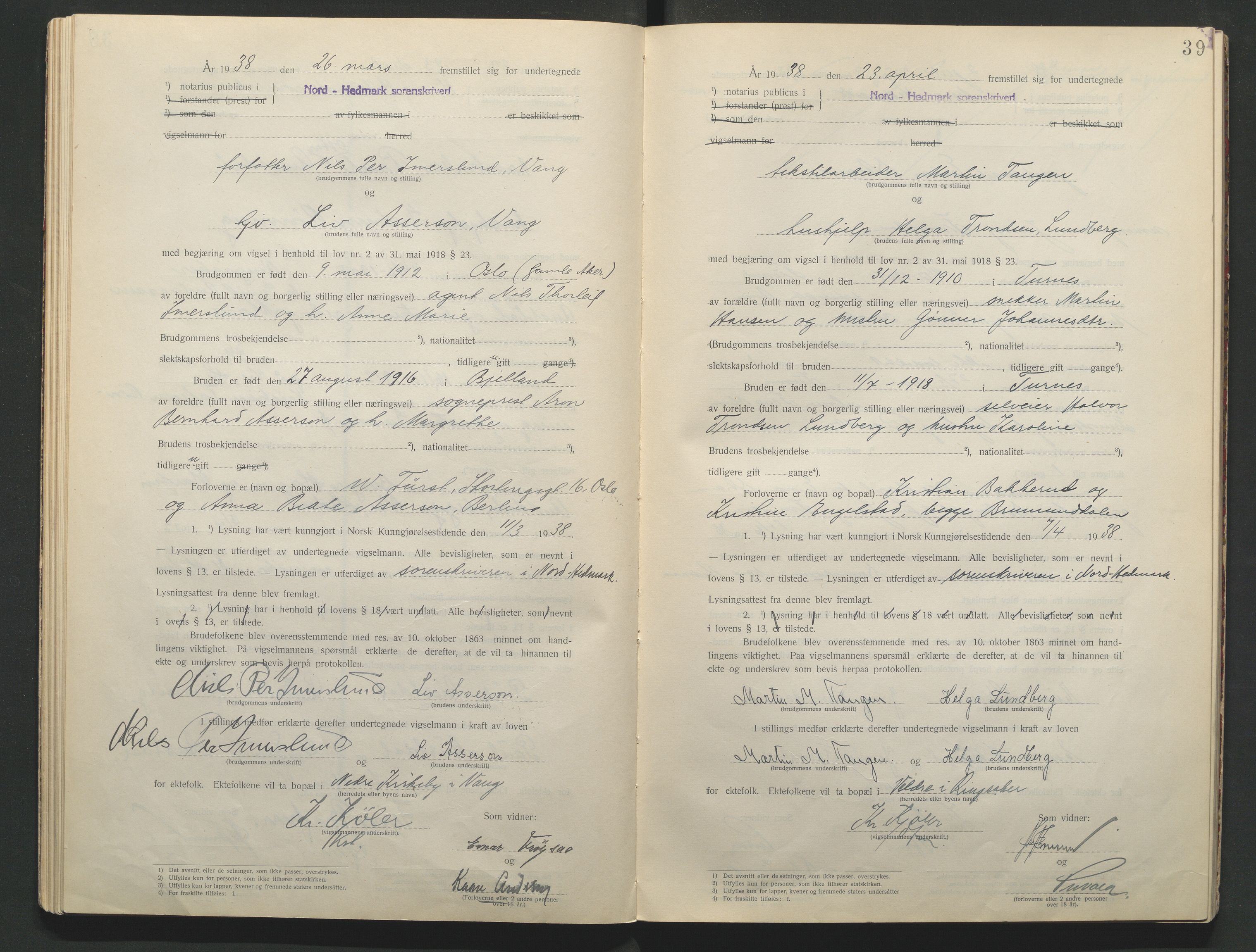 Nord-Hedmark sorenskriveri, AV/SAH-TING-012/L/Lc/L0001/0001: Vigselsprotokoller / Vigselsprotokoll, 1920-1942, s. 39