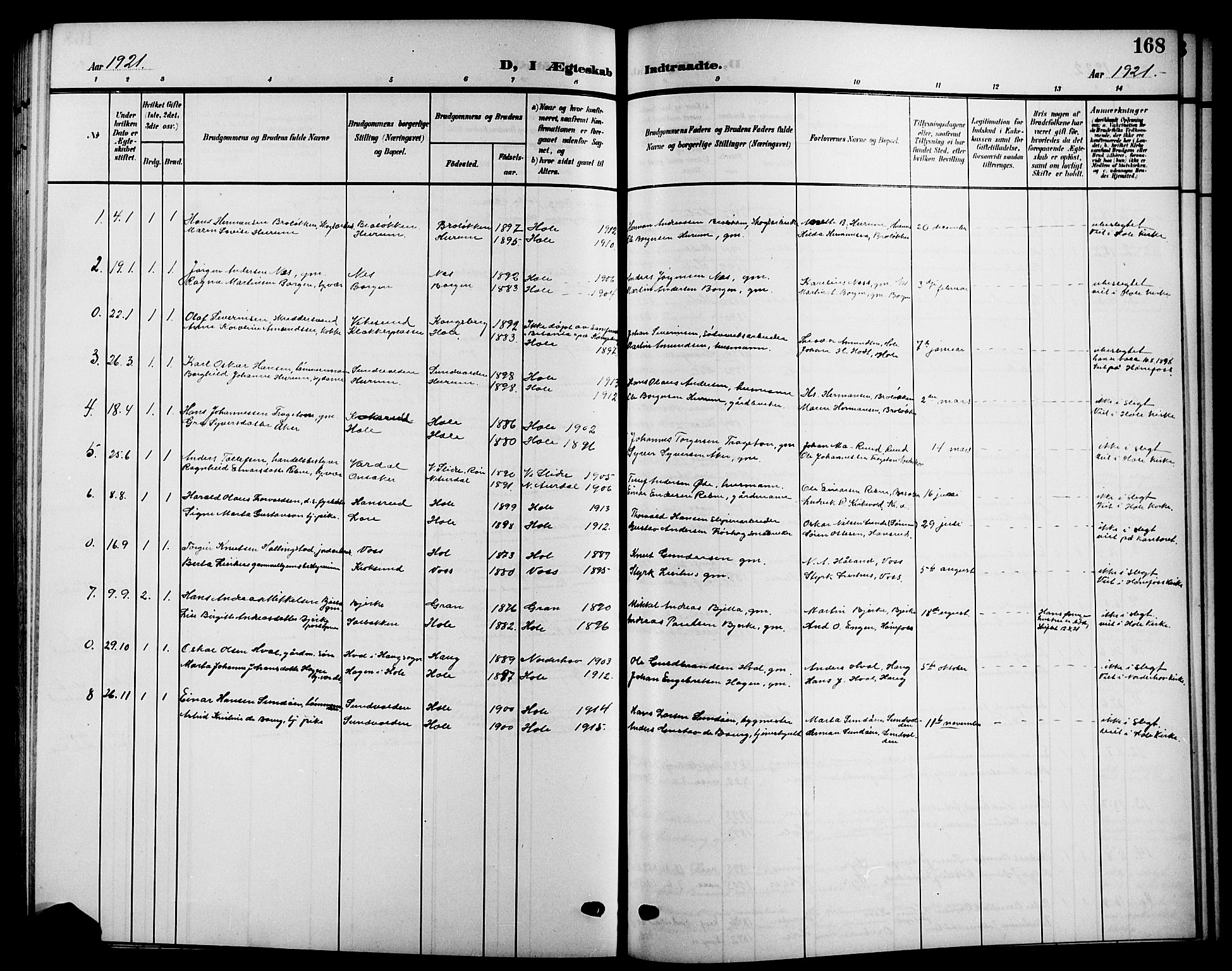 Hole kirkebøker, SAKO/A-228/G/Ga/L0004: Klokkerbok nr. I 4, 1905-1924, s. 168