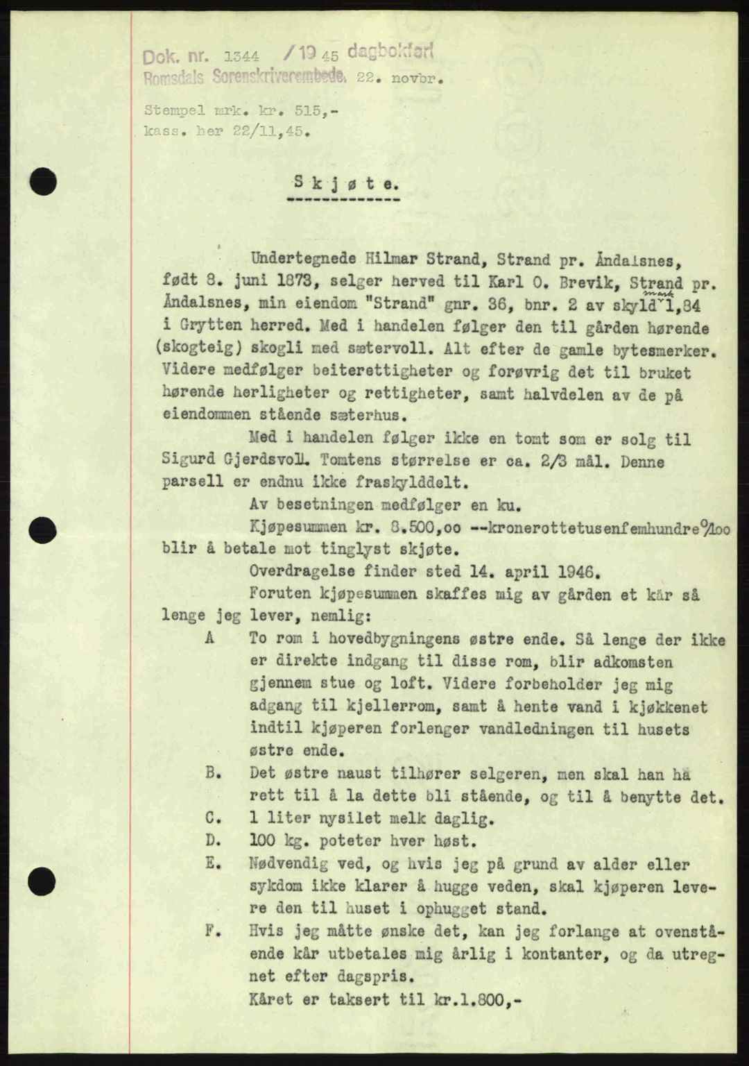 Romsdal sorenskriveri, SAT/A-4149/1/2/2C: Pantebok nr. A18, 1945-1945, Dagboknr: 1344/1945