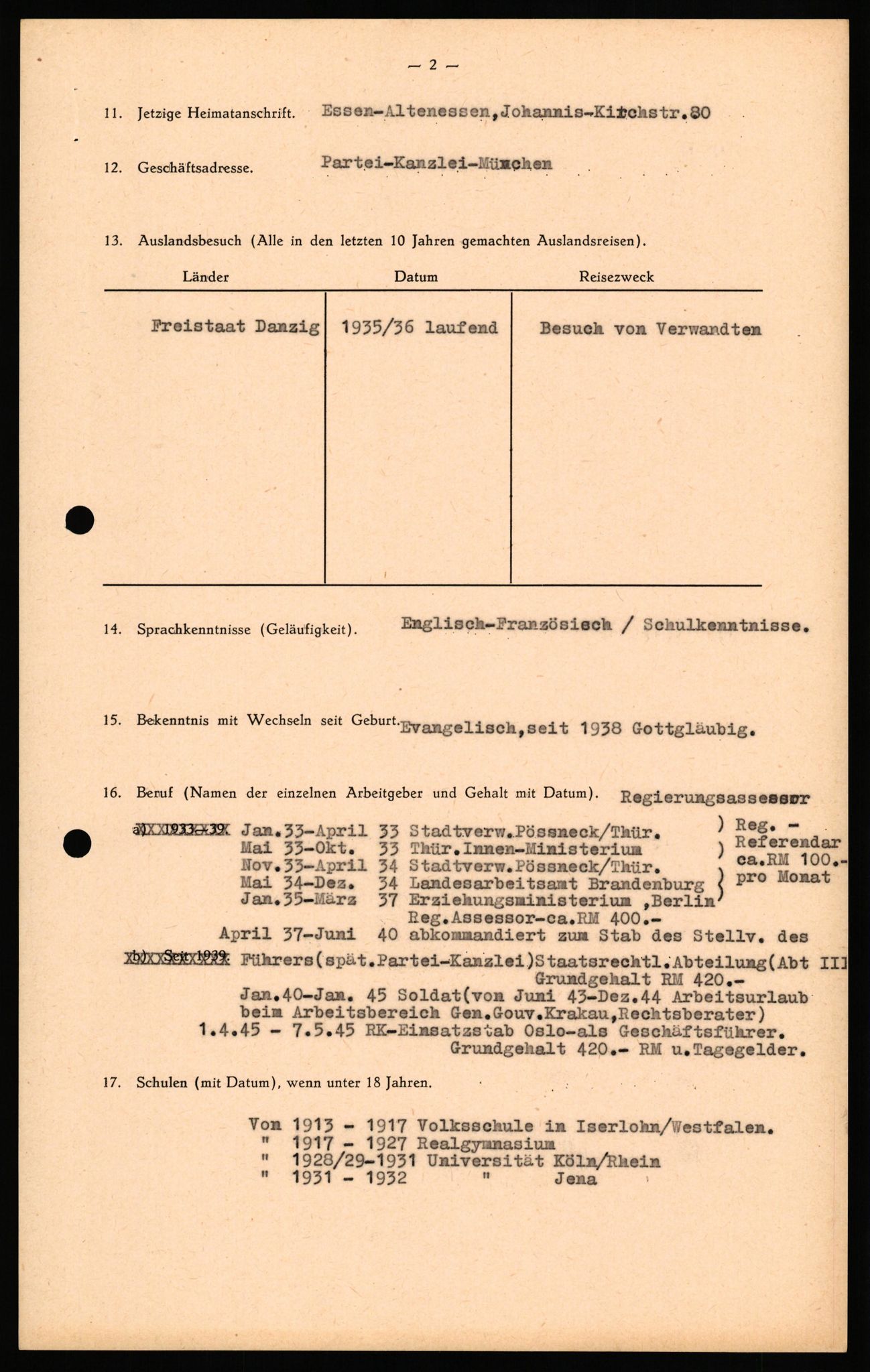 Forsvaret, Forsvarets overkommando II, RA/RAFA-3915/D/Db/L0035: CI Questionaires. Tyske okkupasjonsstyrker i Norge. Tyskere., 1945-1946, s. 100