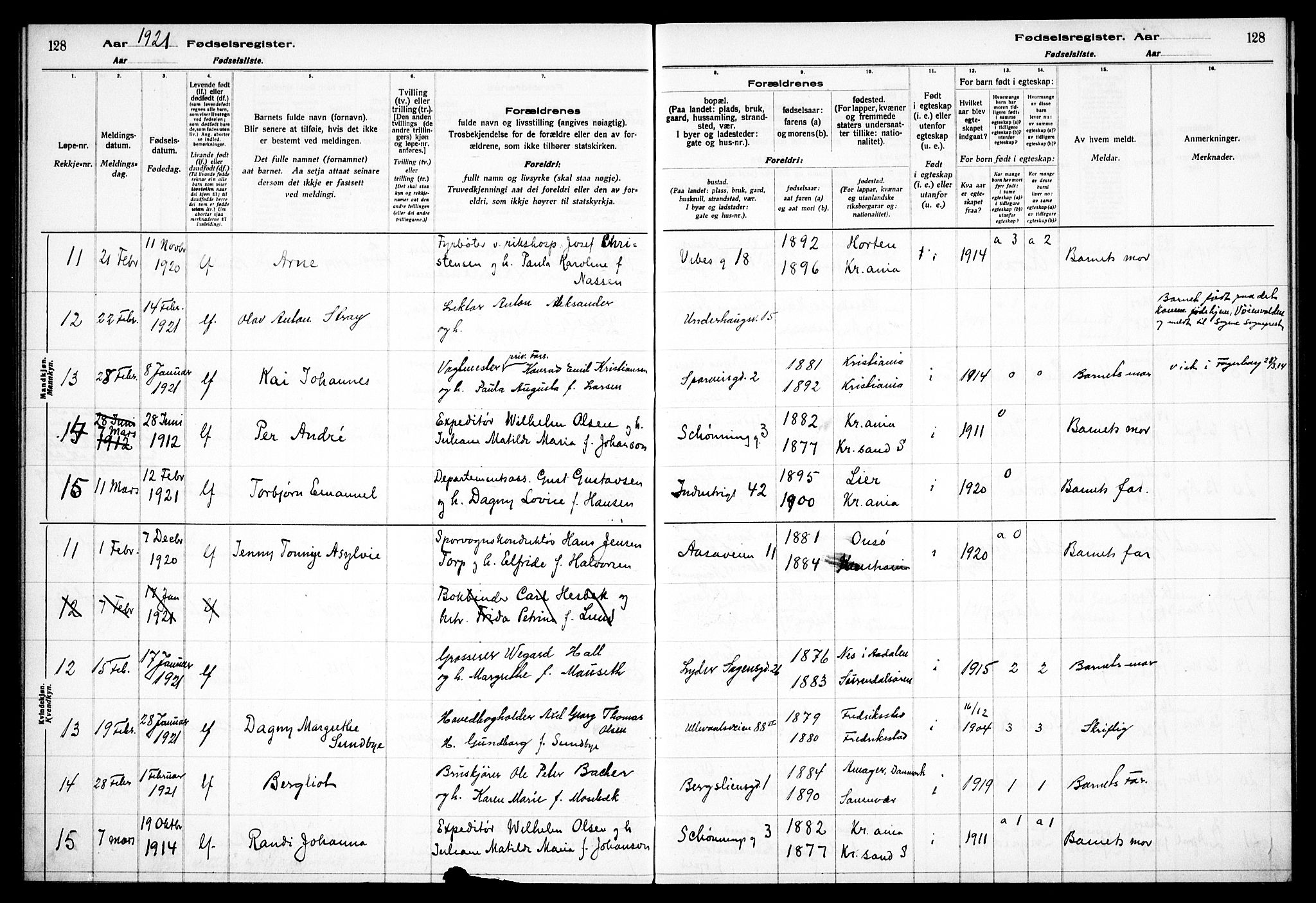 Fagerborg prestekontor Kirkebøker, AV/SAO-A-10844/J/Ja/L0001: Fødselsregister nr. 1, 1916-1925, s. 128