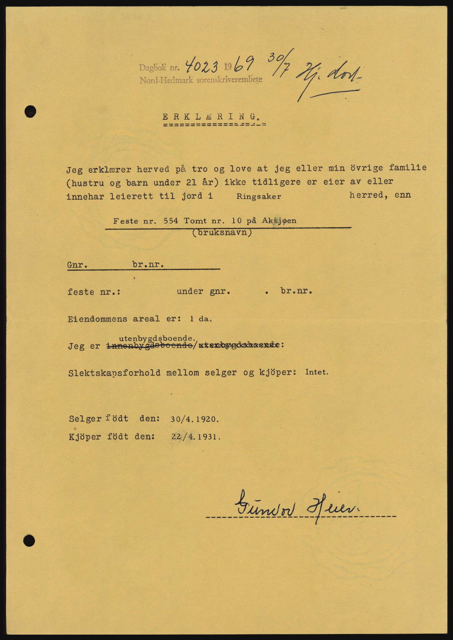 Nord-Hedmark sorenskriveri, SAH/TING-012/H/Hc/L0031: Pantebok nr. 31, 1969-1969, Dagboknr: 4023/1969