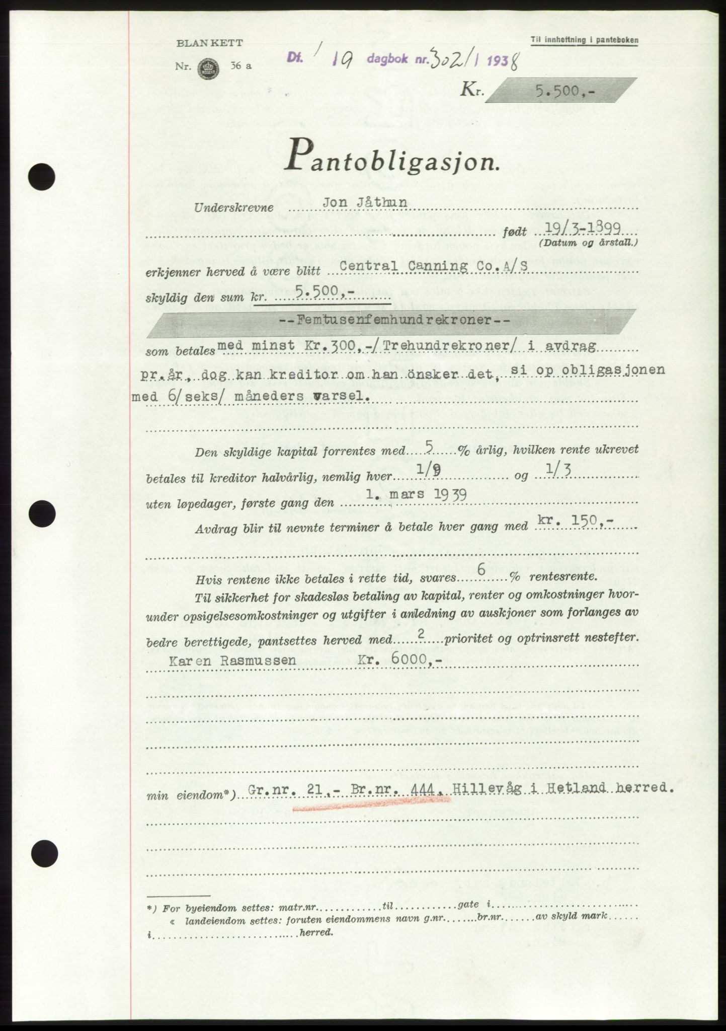 Jæren sorenskriveri, SAST/A-100310/03/G/Gba/L0072: Pantebok, 1938-1938, Dagboknr: 3021/1938