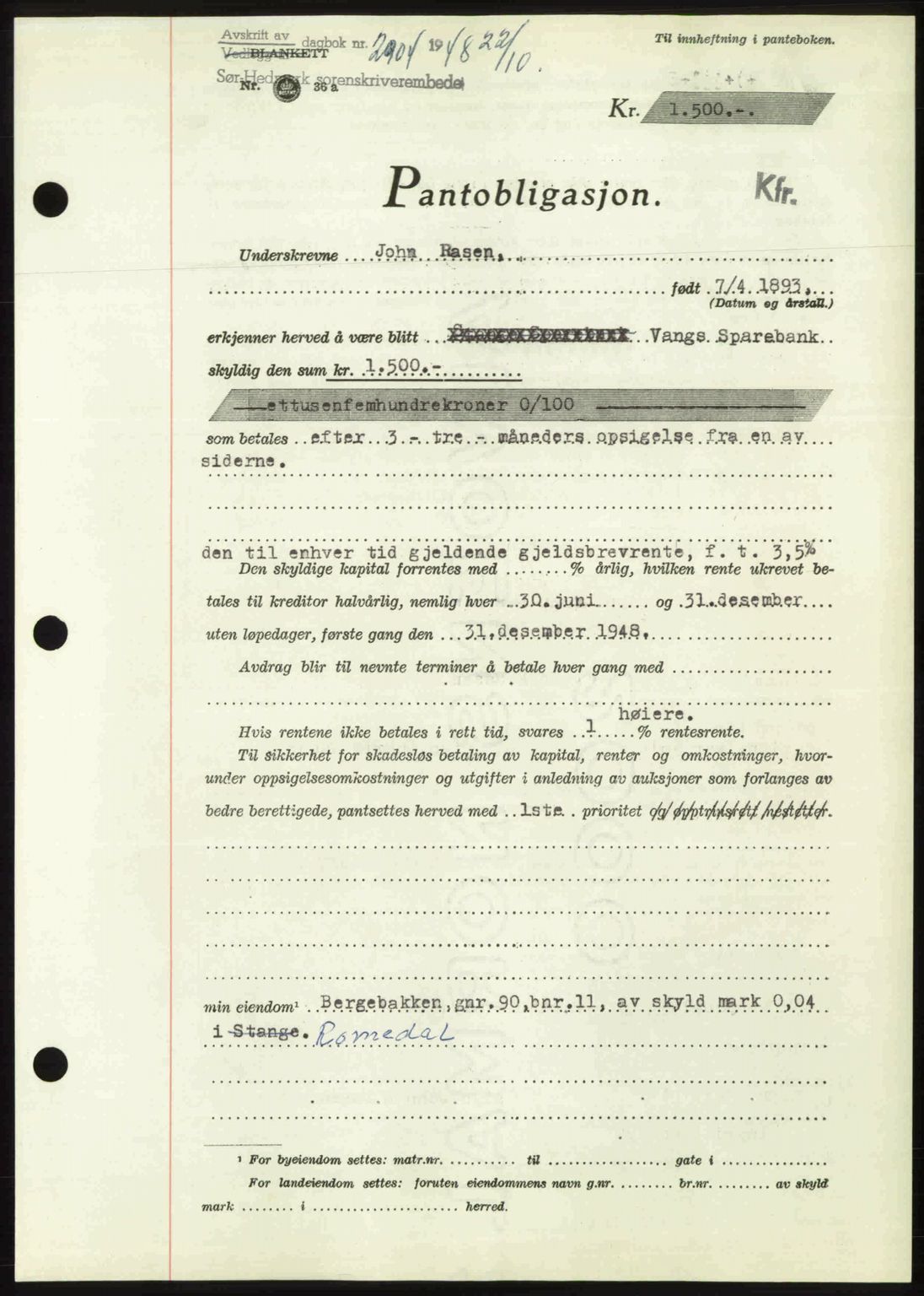 Sør-Hedmark sorenskriveri, SAH/TING-014/H/Hb/Hbd/L0018: Pantebok nr. 18, 1948-1949, Dagboknr: 2904/1948