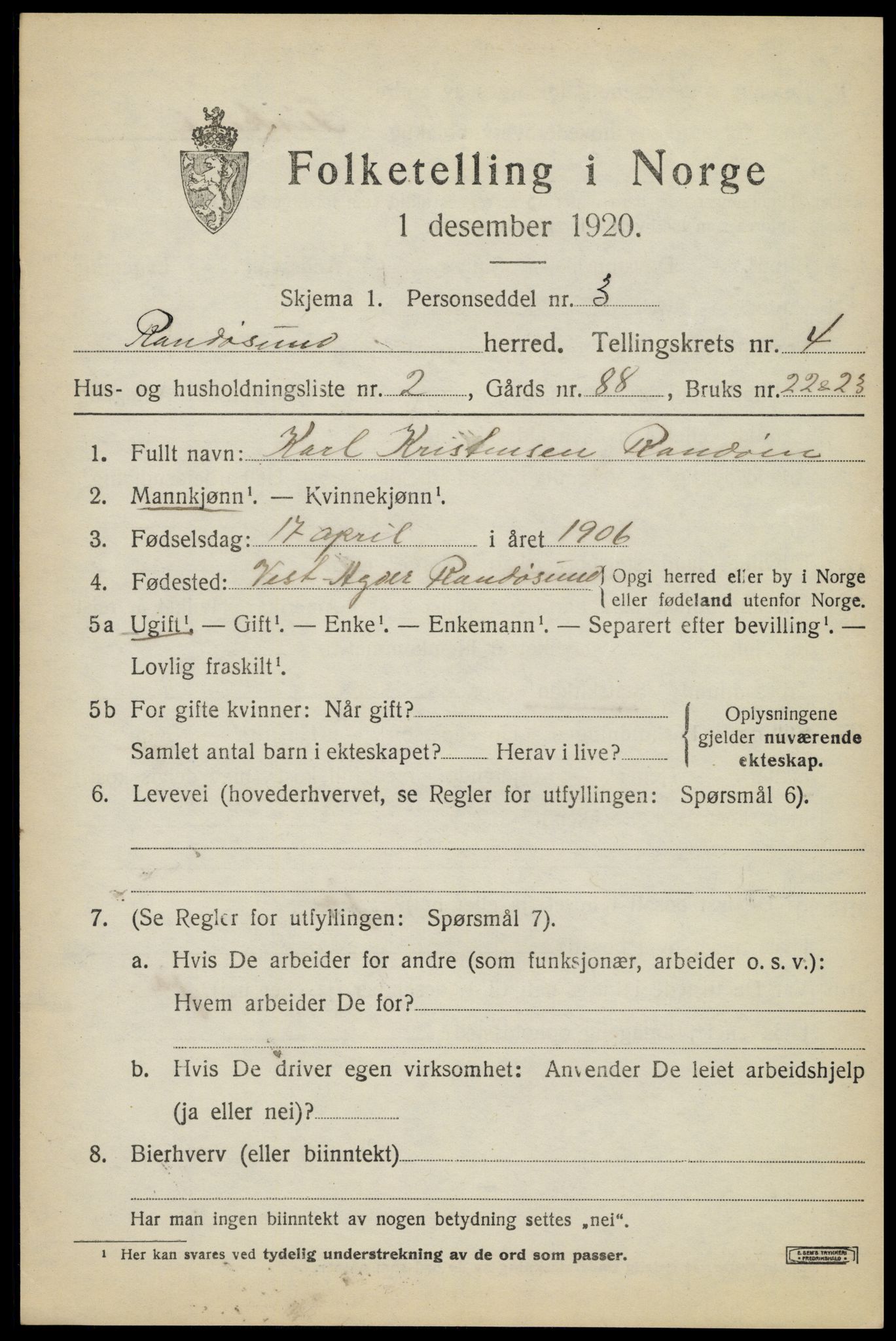 SAK, Folketelling 1920 for 1011 Randesund herred, 1920, s. 1800