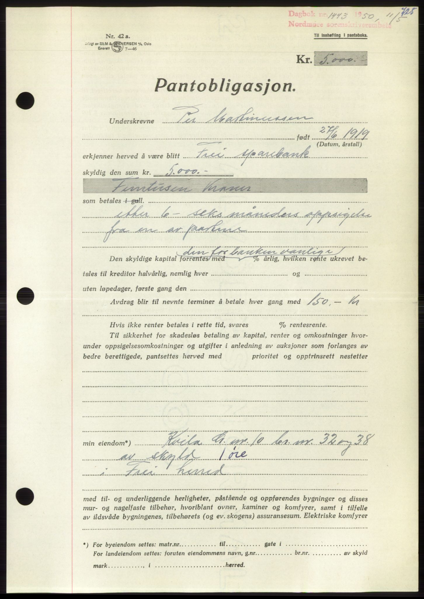 Nordmøre sorenskriveri, AV/SAT-A-4132/1/2/2Ca: Pantebok nr. B104, 1950-1950, Dagboknr: 1443/1950