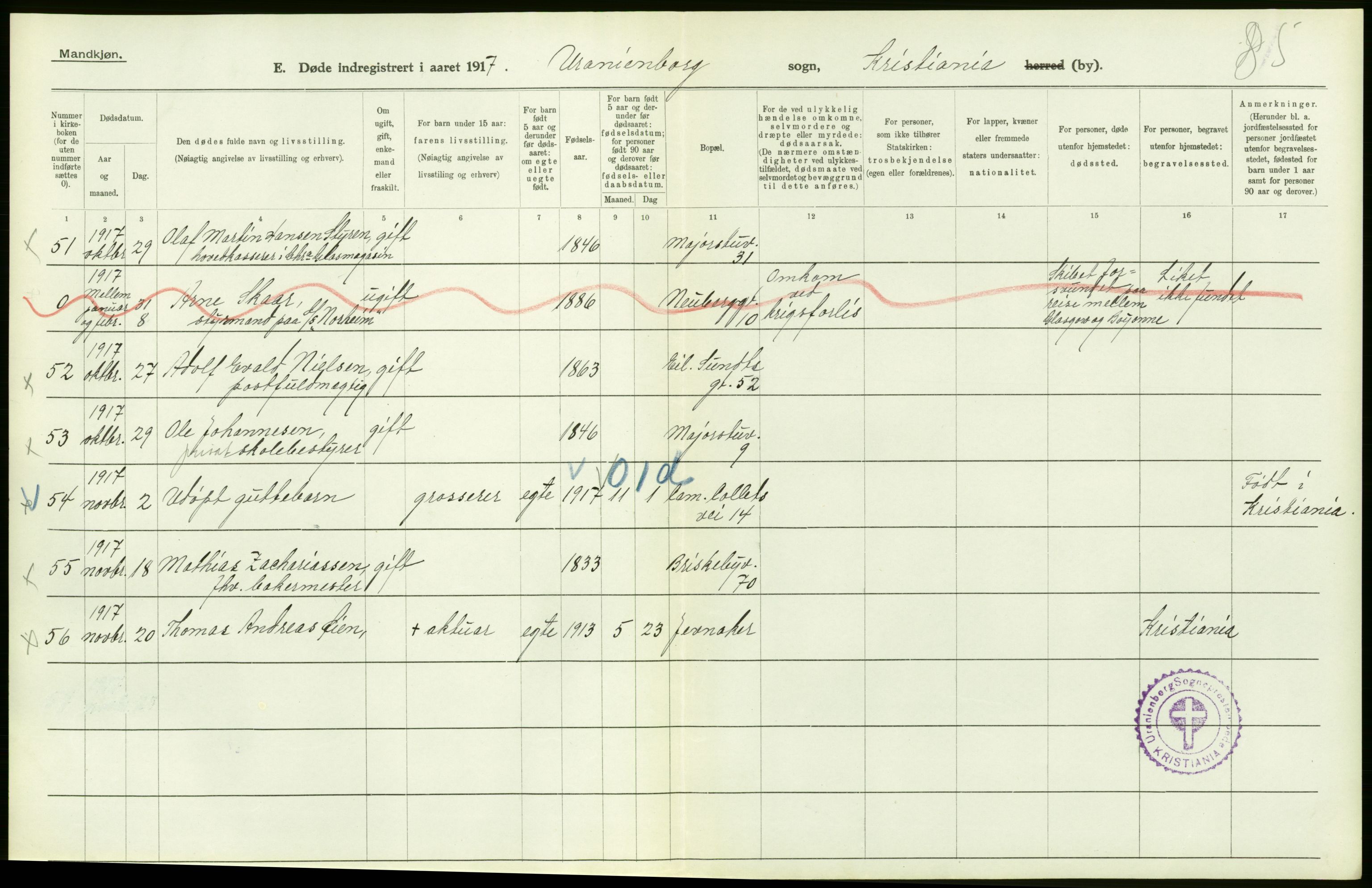 Statistisk sentralbyrå, Sosiodemografiske emner, Befolkning, AV/RA-S-2228/D/Df/Dfb/Dfbg/L0010: Kristiania: Døde, 1917, s. 456