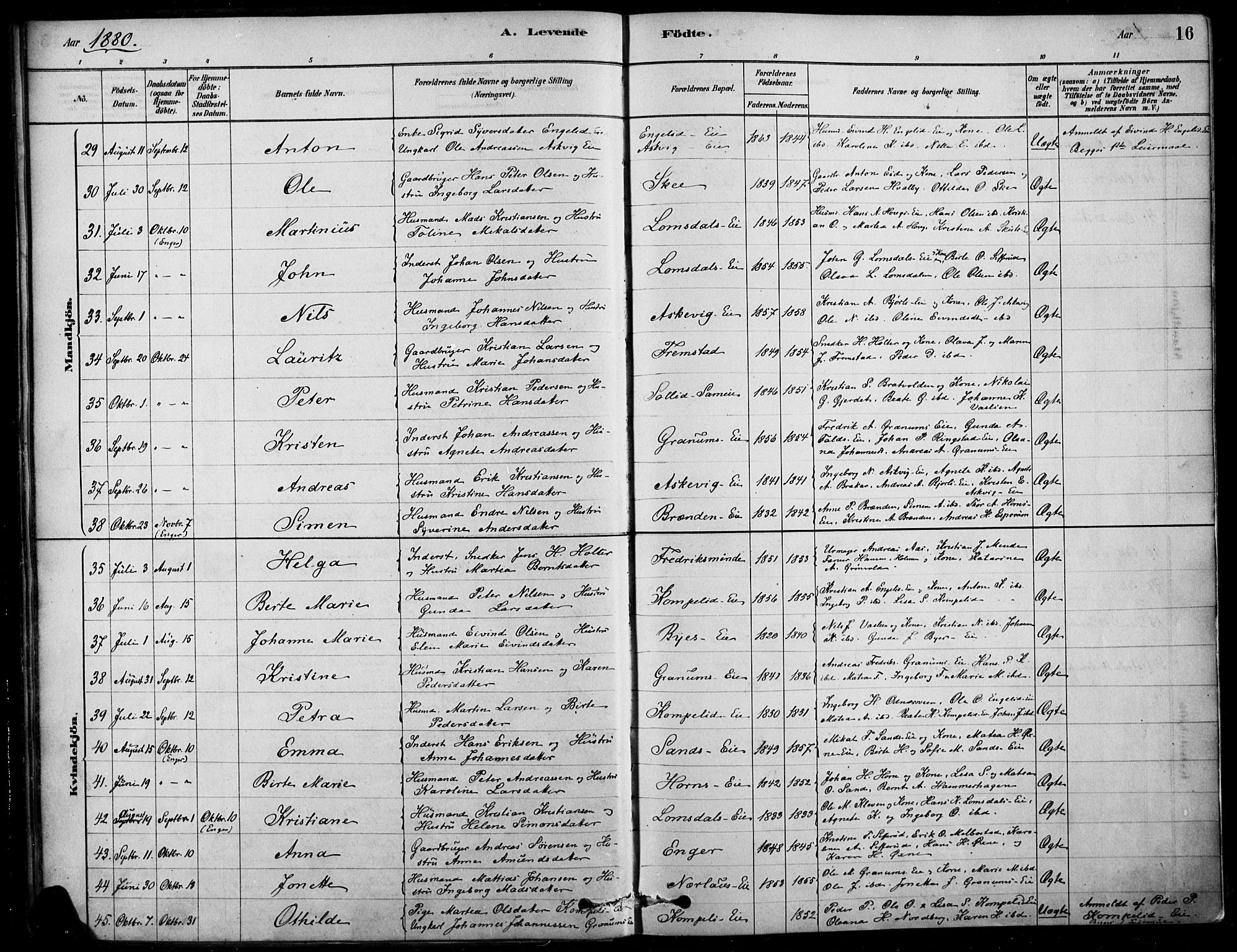 Søndre Land prestekontor, AV/SAH-PREST-122/K/L0003: Ministerialbok nr. 3, 1878-1894, s. 16