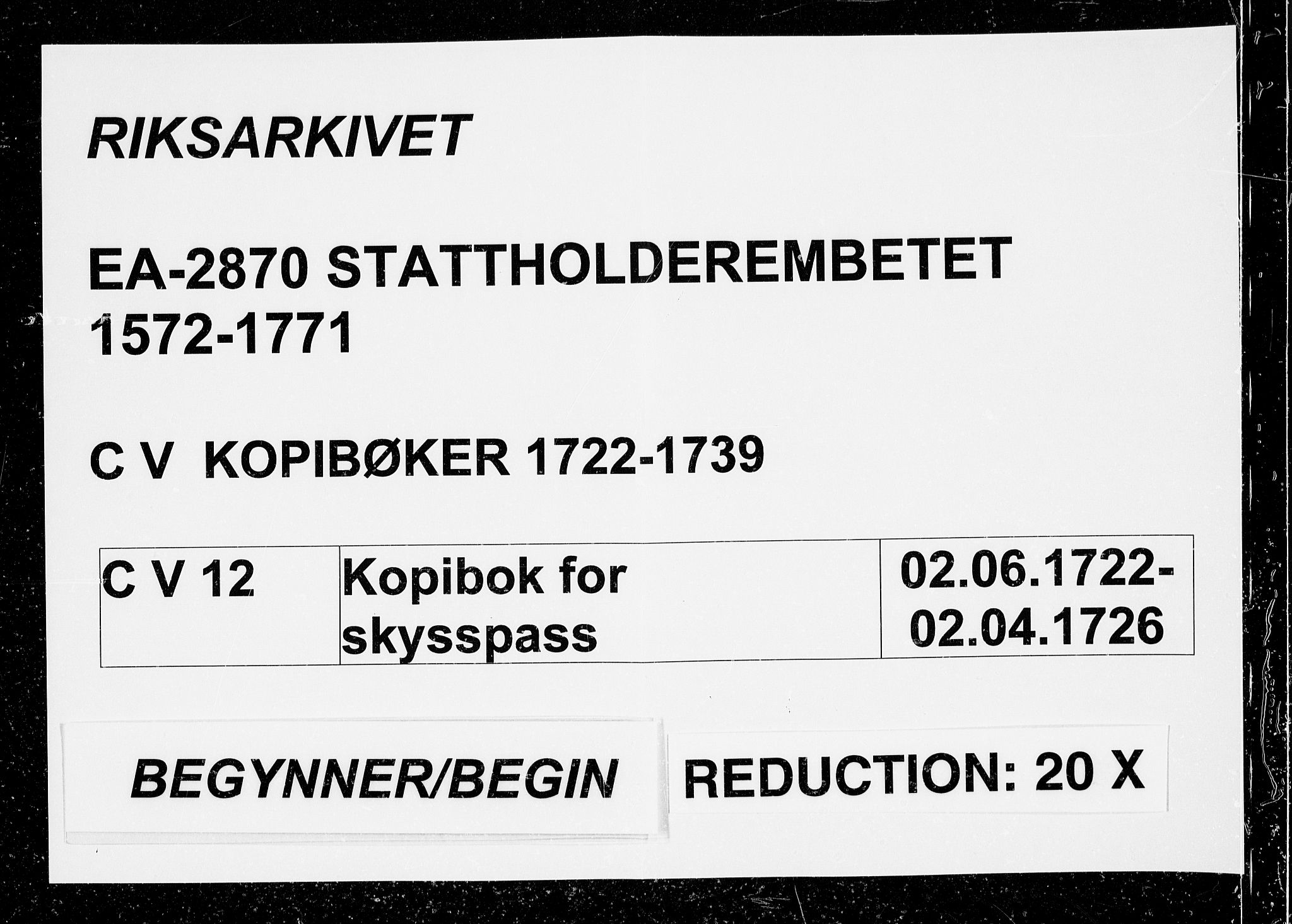 Stattholderembetet 1572-1771, AV/RA-EA-2870/Be/L0012: Kopibok for skysspass, 1722-1726