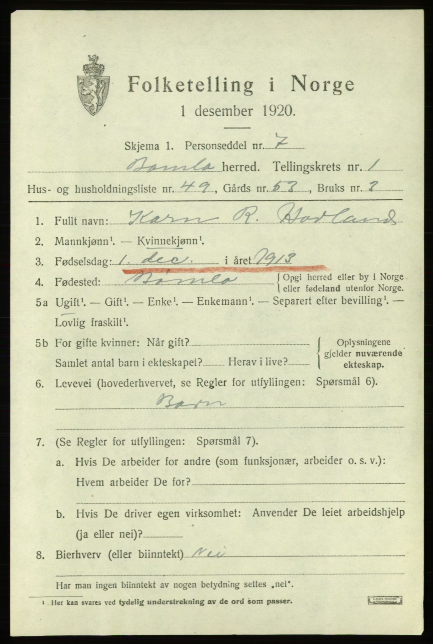 SAB, Folketelling 1920 for 1219 Bømlo herred, 1920, s. 1047