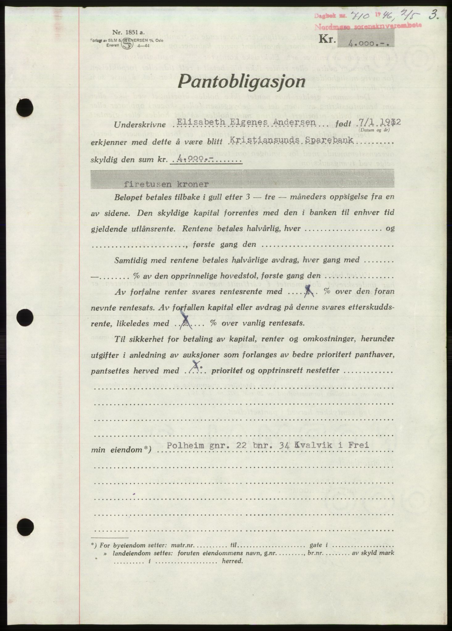 Nordmøre sorenskriveri, AV/SAT-A-4132/1/2/2Ca: Pantebok nr. B94, 1946-1946, Dagboknr: 710/1946