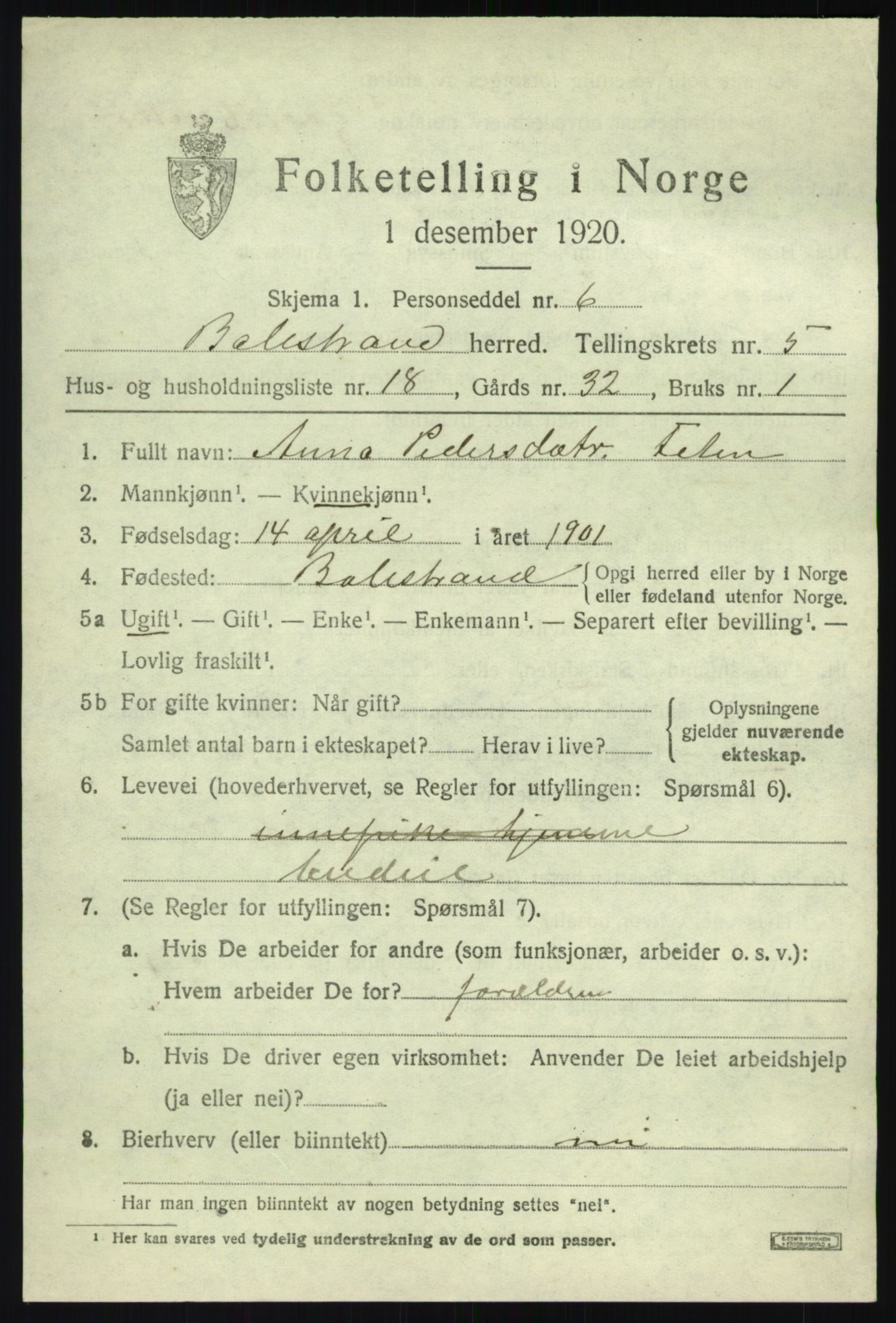 SAB, Folketelling 1920 for 1418 Balestrand herred, 1920, s. 2708
