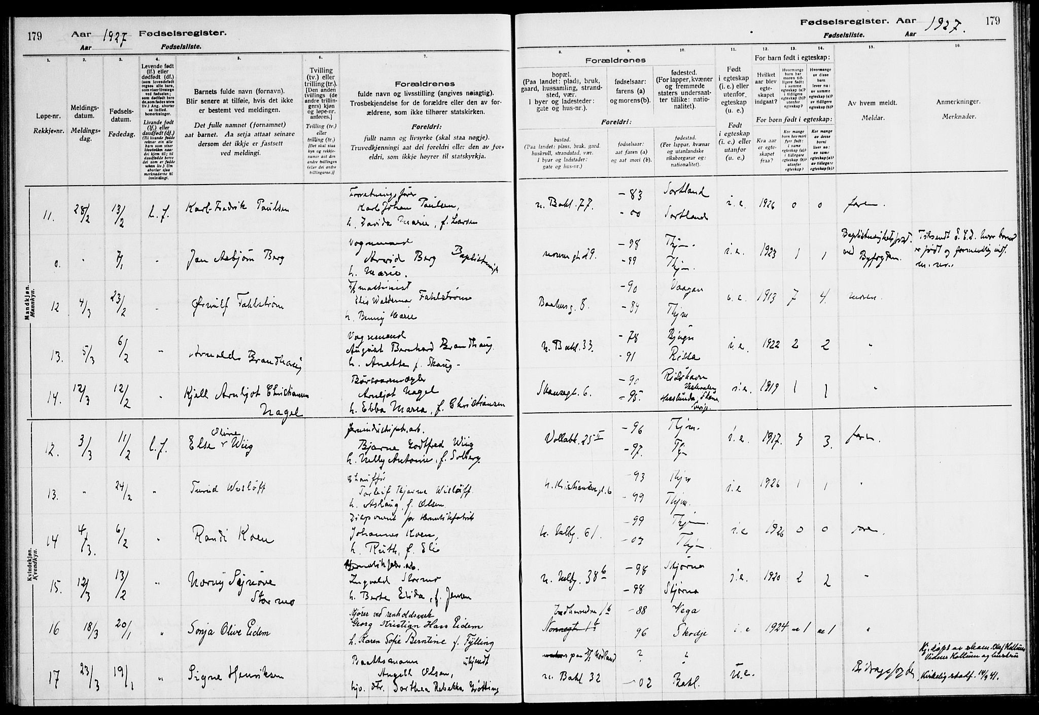 Ministerialprotokoller, klokkerbøker og fødselsregistre - Sør-Trøndelag, AV/SAT-A-1456/604/L0233: Fødselsregister nr. 604.II.4.2, 1920-1928, s. 179