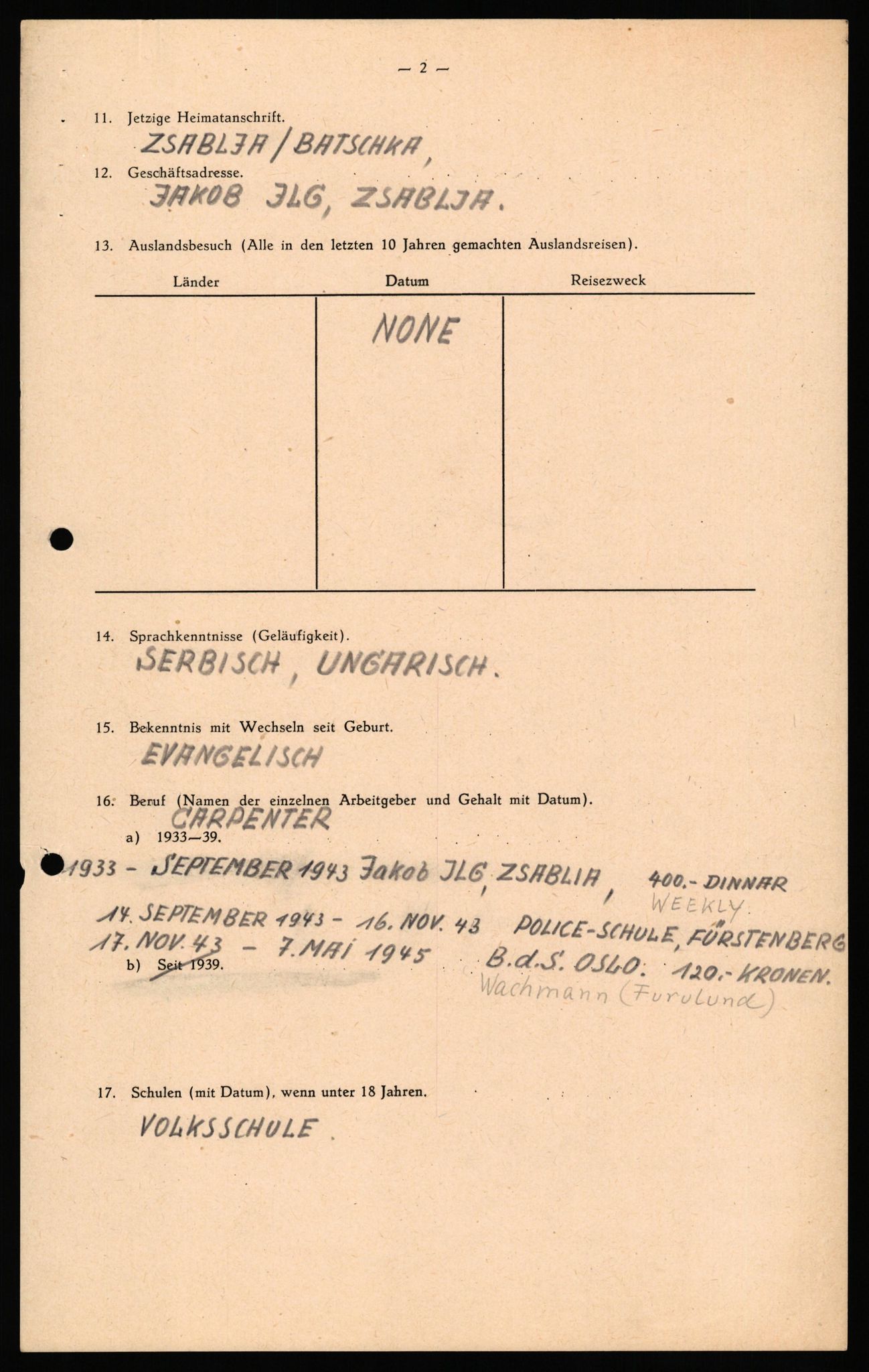 Forsvaret, Forsvarets overkommando II, RA/RAFA-3915/D/Db/L0041: CI Questionaires.  Diverse nasjonaliteter., 1945-1946, s. 29