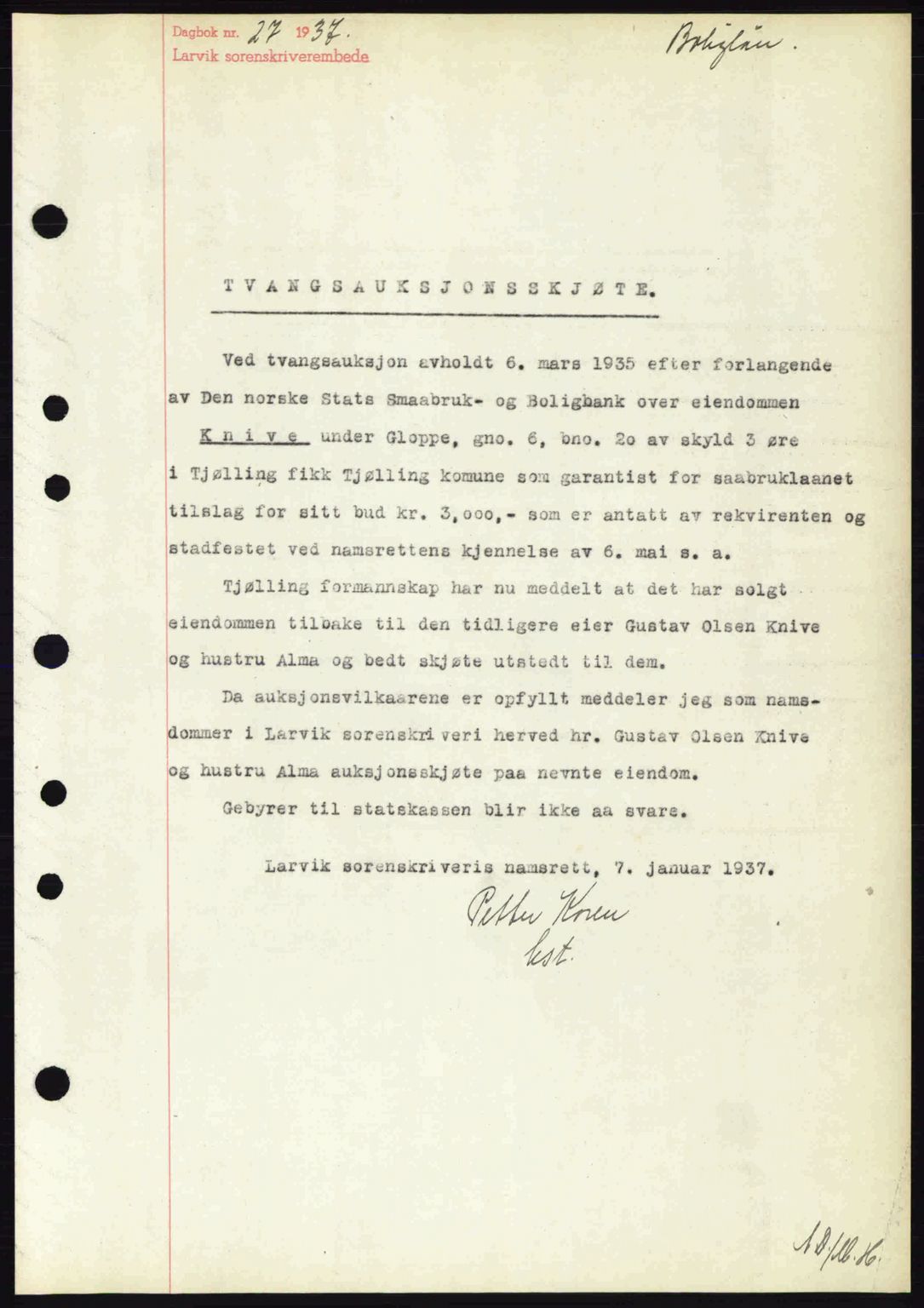Larvik sorenskriveri, SAKO/A-83/G/Ga/Gab/L0067: Pantebok nr. A-1, 1936-1937, Dagboknr: 27/1937