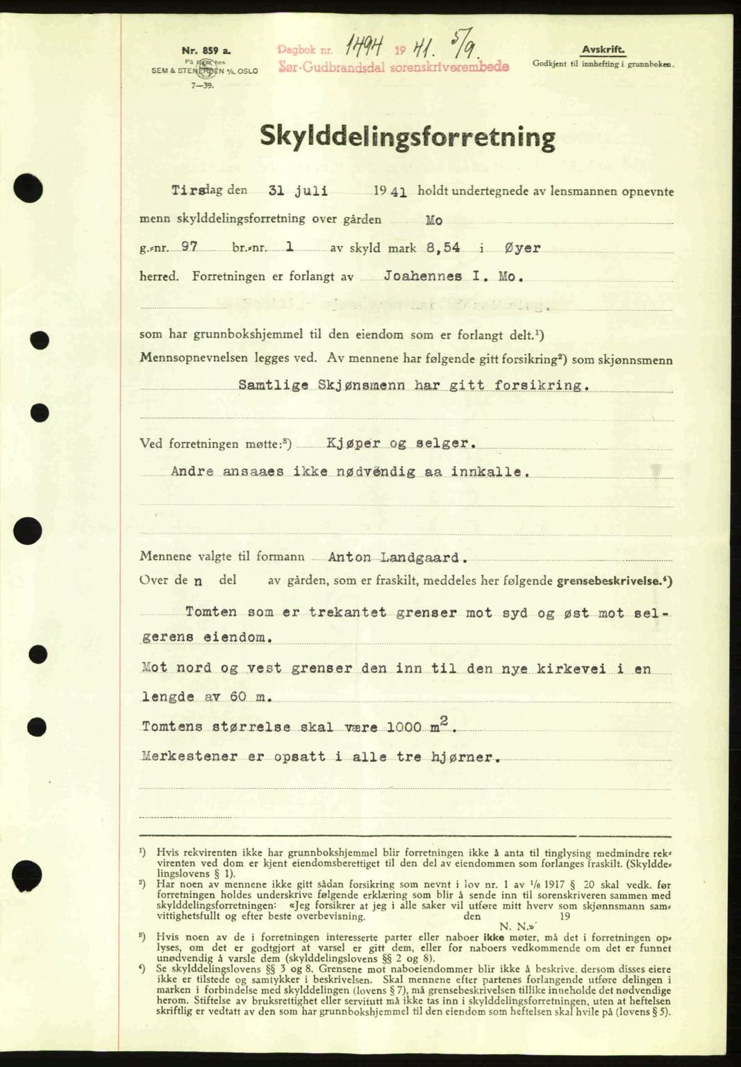 Sør-Gudbrandsdal tingrett, SAH/TING-004/H/Hb/Hbd/L0009: Pantebok nr. A9, 1941-1941, Dagboknr: 1494/1941