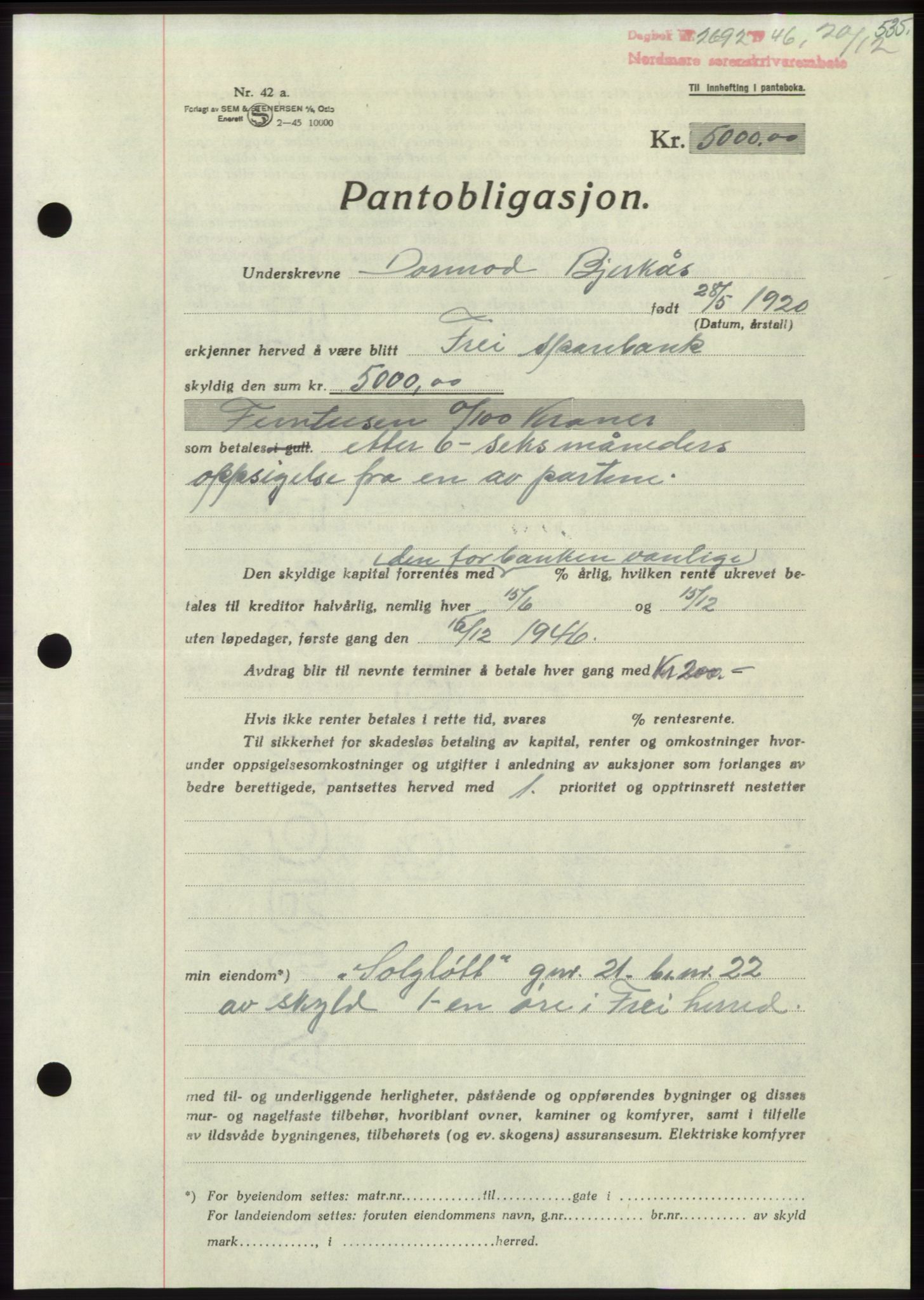 Nordmøre sorenskriveri, AV/SAT-A-4132/1/2/2Ca: Pantebok nr. B95, 1946-1947, Dagboknr: 2692/1946