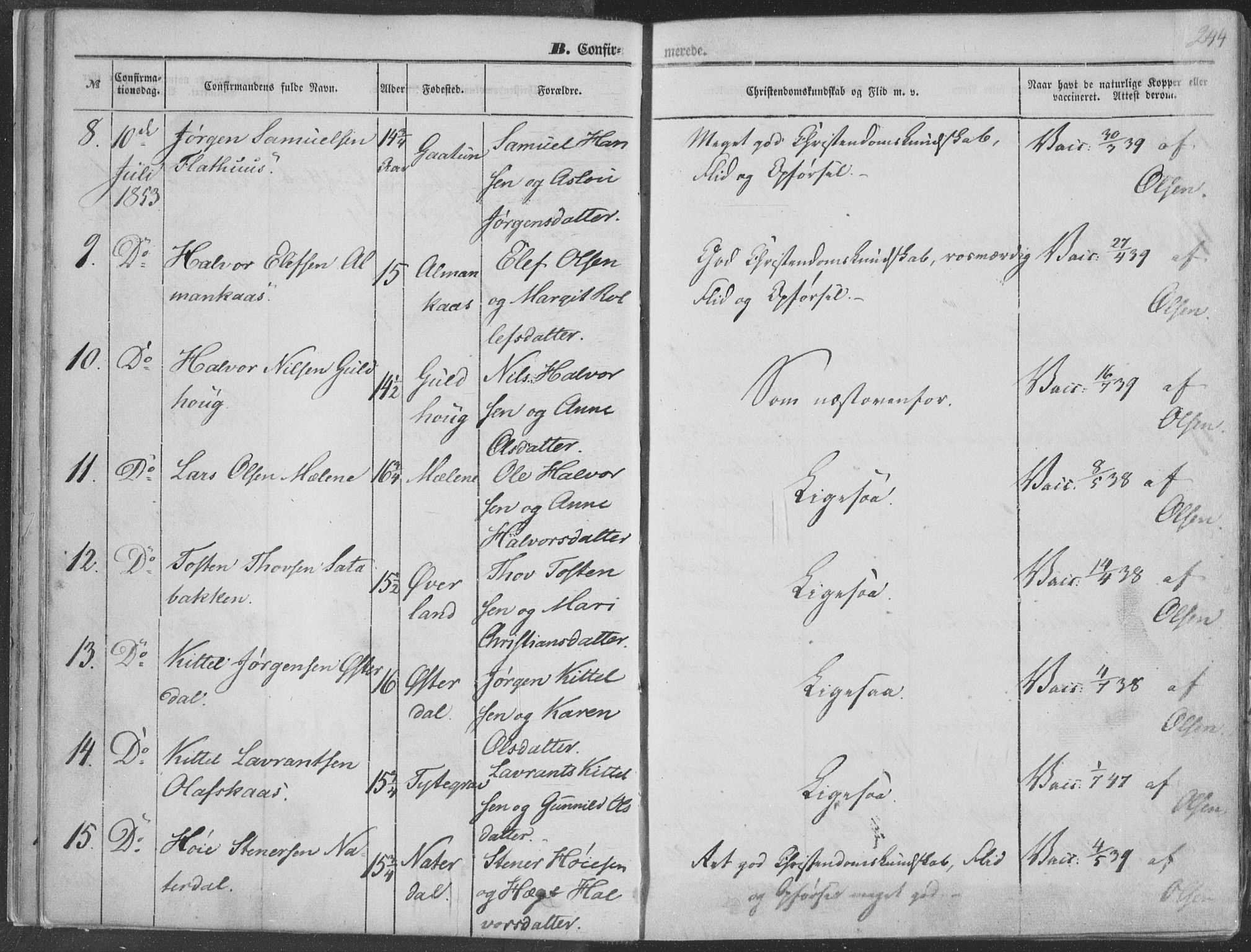 Seljord kirkebøker, SAKO/A-20/F/Fa/L012b: Ministerialbok nr. I 12B, 1850-1865, s. 244