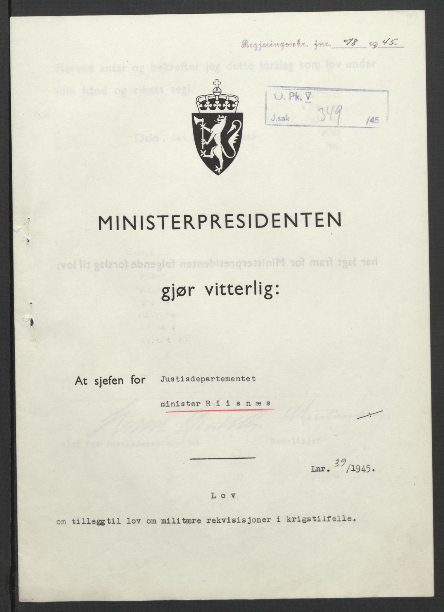 NS-administrasjonen 1940-1945 (Statsrådsekretariatet, de kommisariske statsråder mm), RA/S-4279/D/Db/L0101/0001: -- / Lover og vedtak, 1945, s. 158