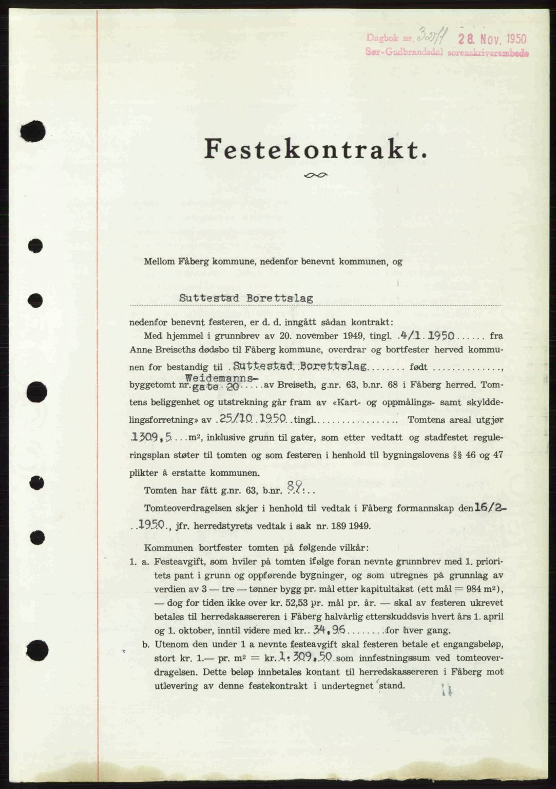 Sør-Gudbrandsdal tingrett, SAH/TING-004/H/Hb/Hbd/L0029: Pantebok nr. A29, 1950-1950, Dagboknr: 3211/1950