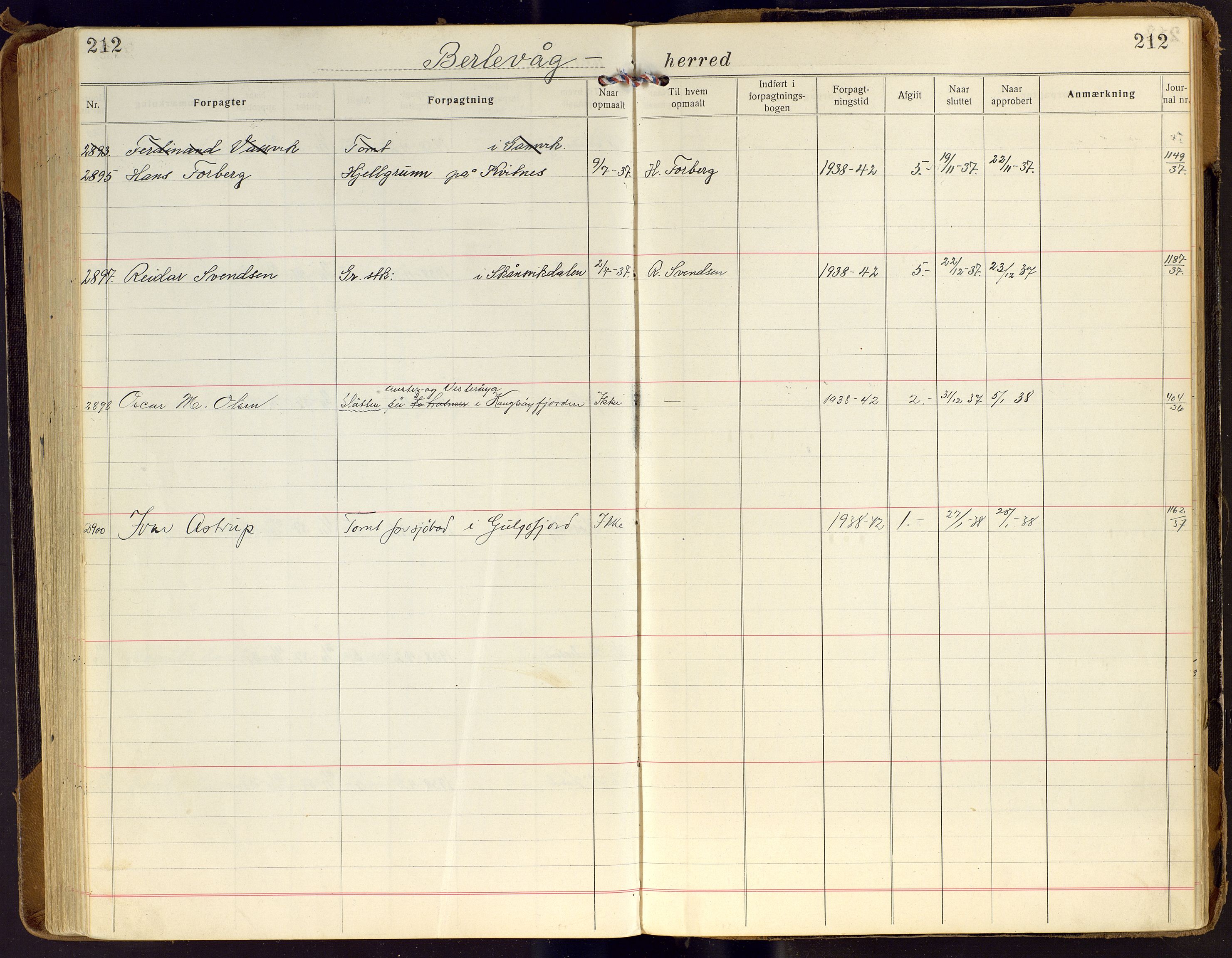 Finnmark jordsalgskommisjon/jordsalgskontor og Statskog SF Finnmark jordsalgskontor, AV/SATØ-S-1443/J/Ja/L0006: Forpaktningsbok for Finnmark II, 1916-1947, s. 212