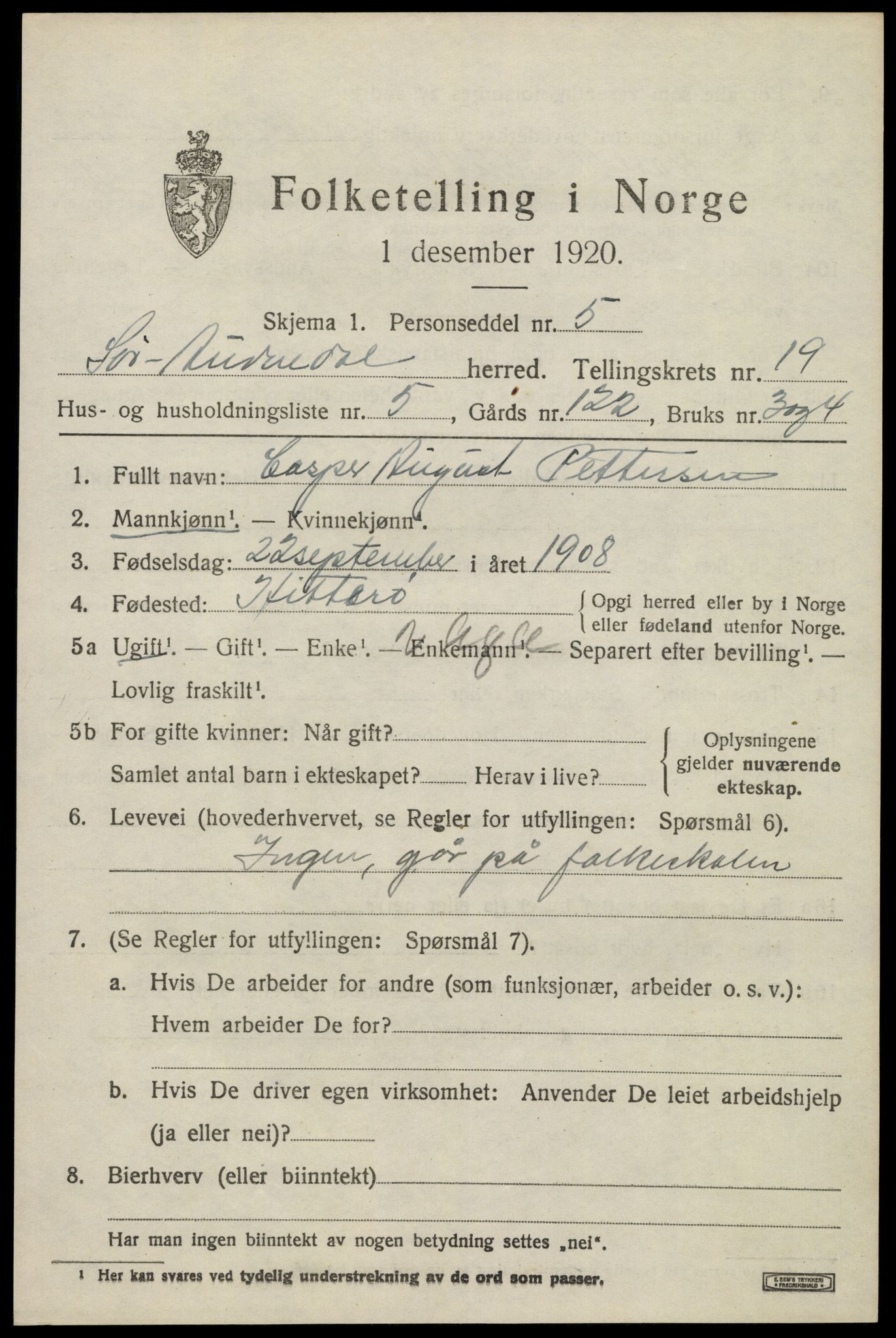 SAK, Folketelling 1920 for 1029 Sør-Audnedal herred, 1920, s. 6635