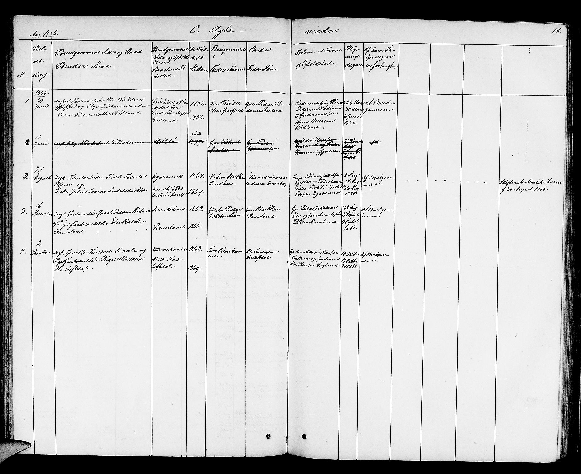 Helleland sokneprestkontor, AV/SAST-A-101810: Klokkerbok nr. B 2, 1848-1886, s. 186