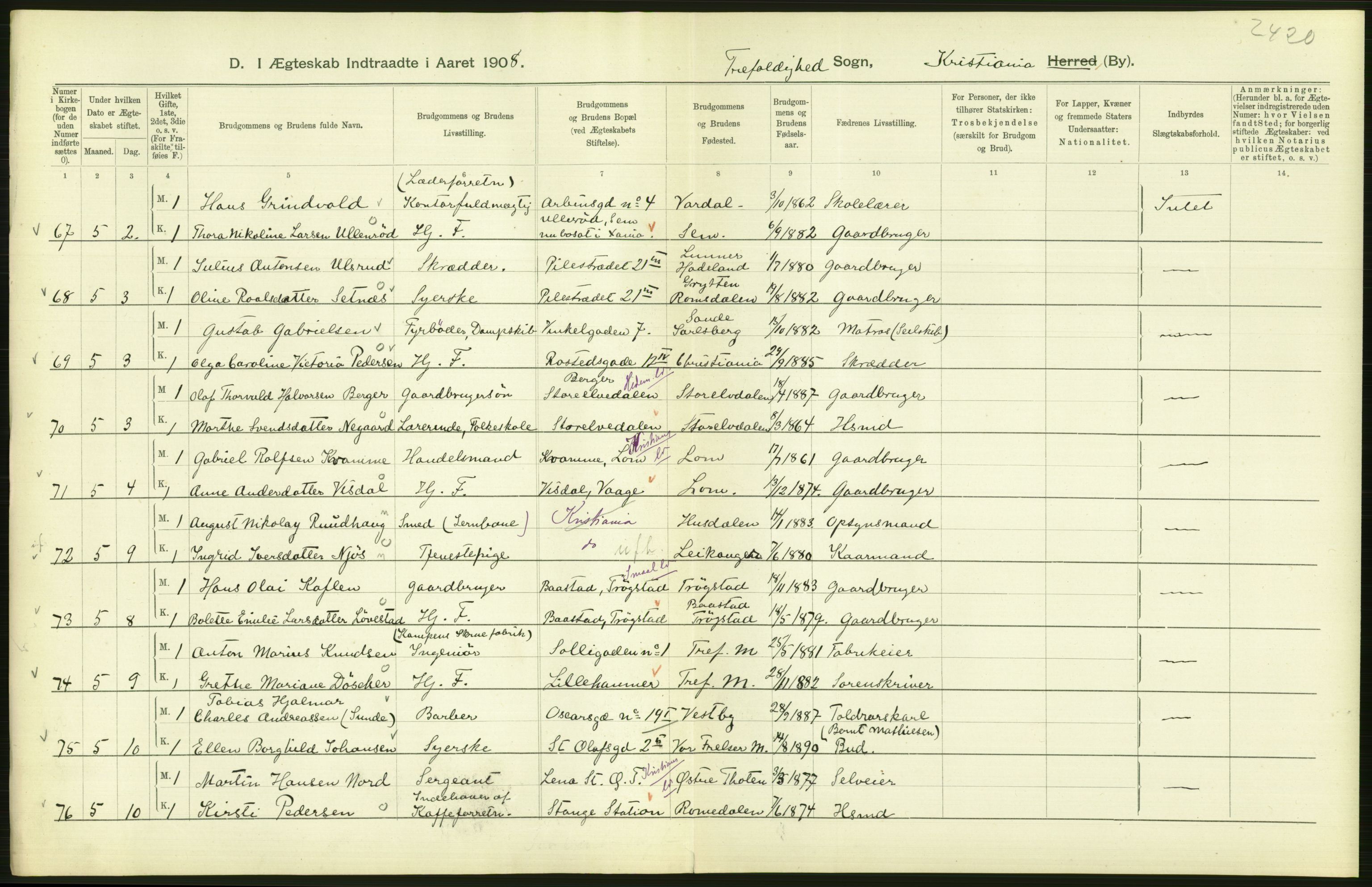 Statistisk sentralbyrå, Sosiodemografiske emner, Befolkning, AV/RA-S-2228/D/Df/Dfa/Dfaf/L0007: Kristiania: Gifte, 1908, s. 416