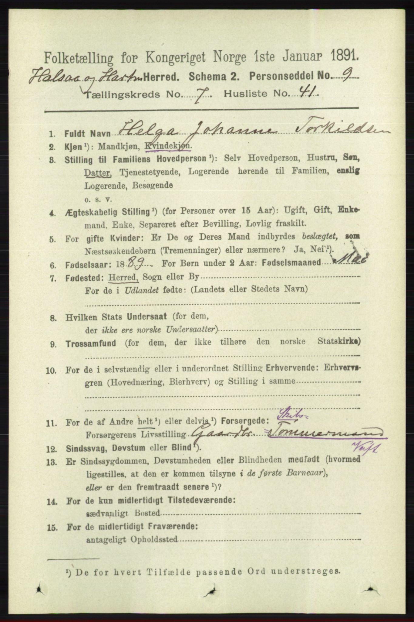 RA, Folketelling 1891 for 1019 Halse og Harkmark herred, 1891, s. 2961