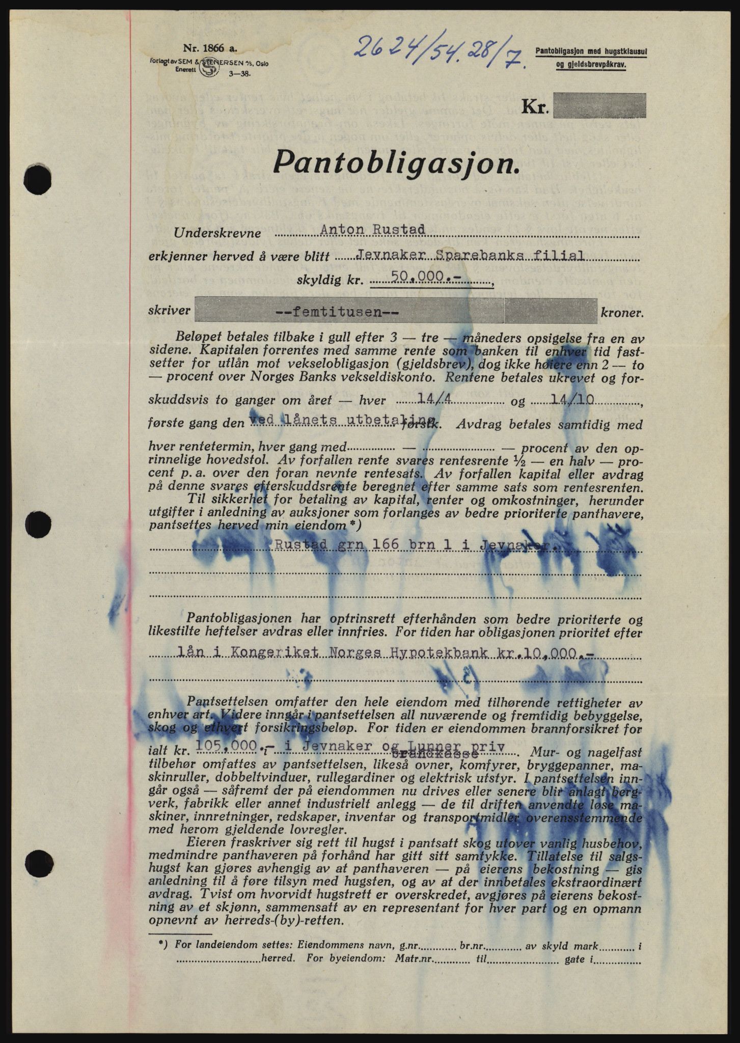 Hadeland og Land tingrett, SAH/TING-010/H/Hb/Hbc/L0030: Pantebok nr. B30, 1954-1954, Dagboknr: 2624/1954