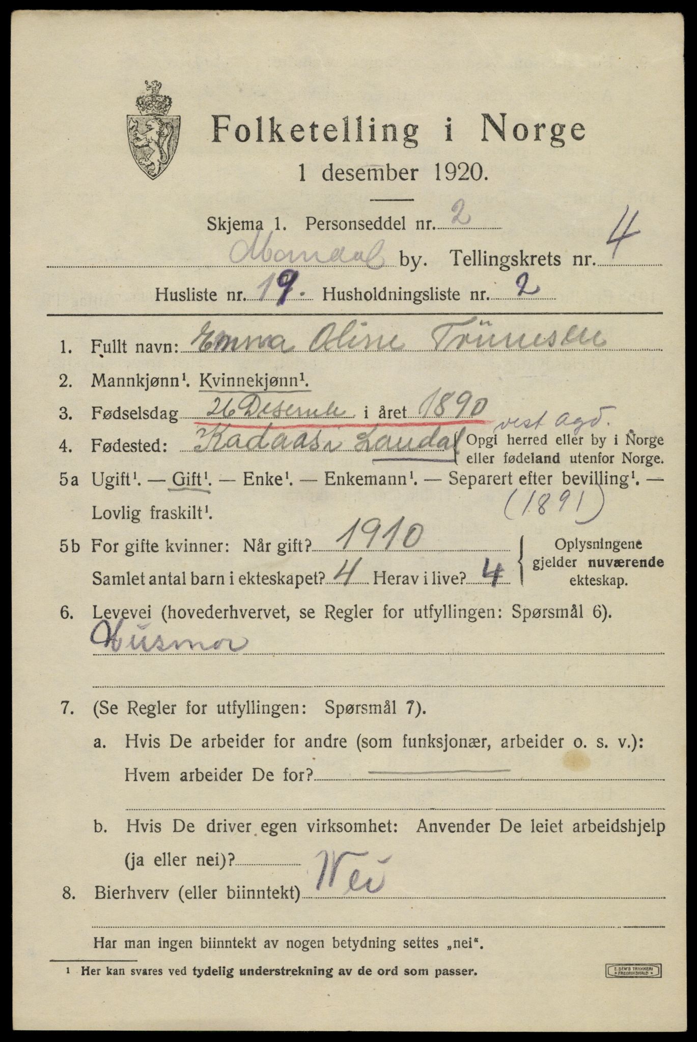 SAK, Folketelling 1920 for 1002 Mandal ladested, 1920, s. 7215