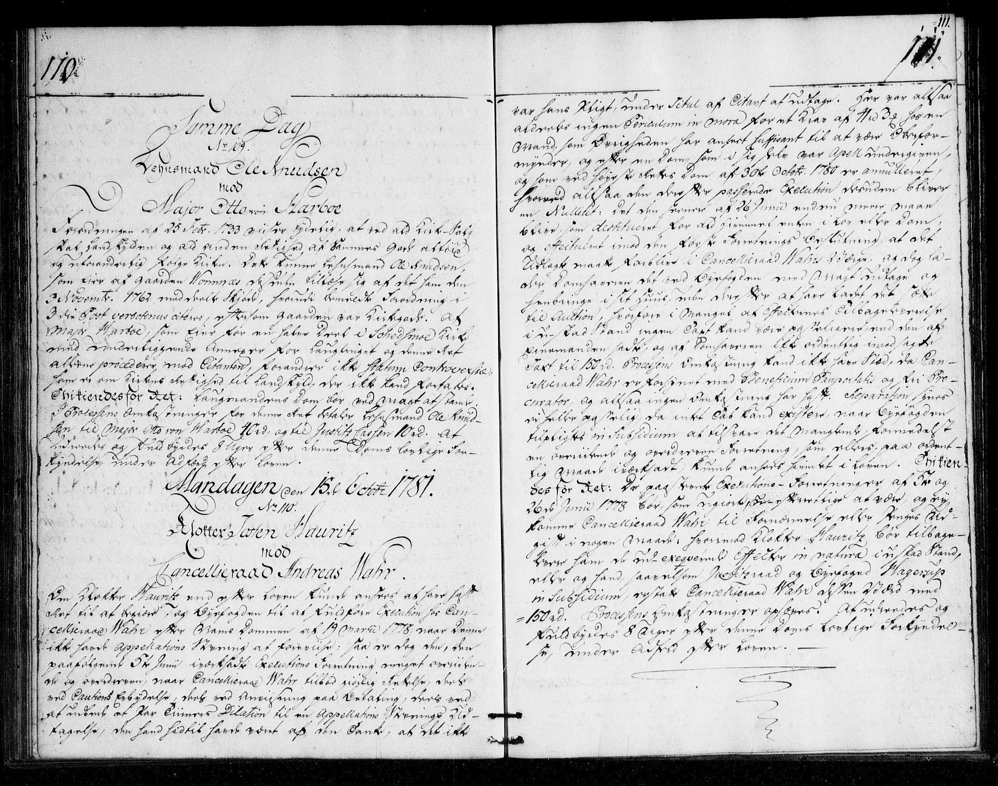 Overhoffretten 1667-1797, AV/RA-EA-2884/Ab/L0111: Domsprotokoll, 1781, s. 110-111