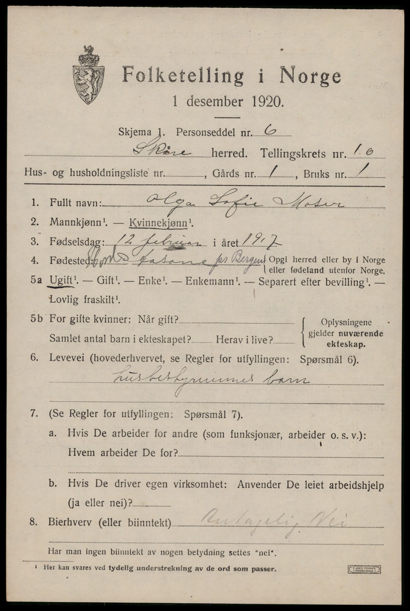 SAST, Folketelling 1920 for 1153 Skåre herred, 1920, s. 7868