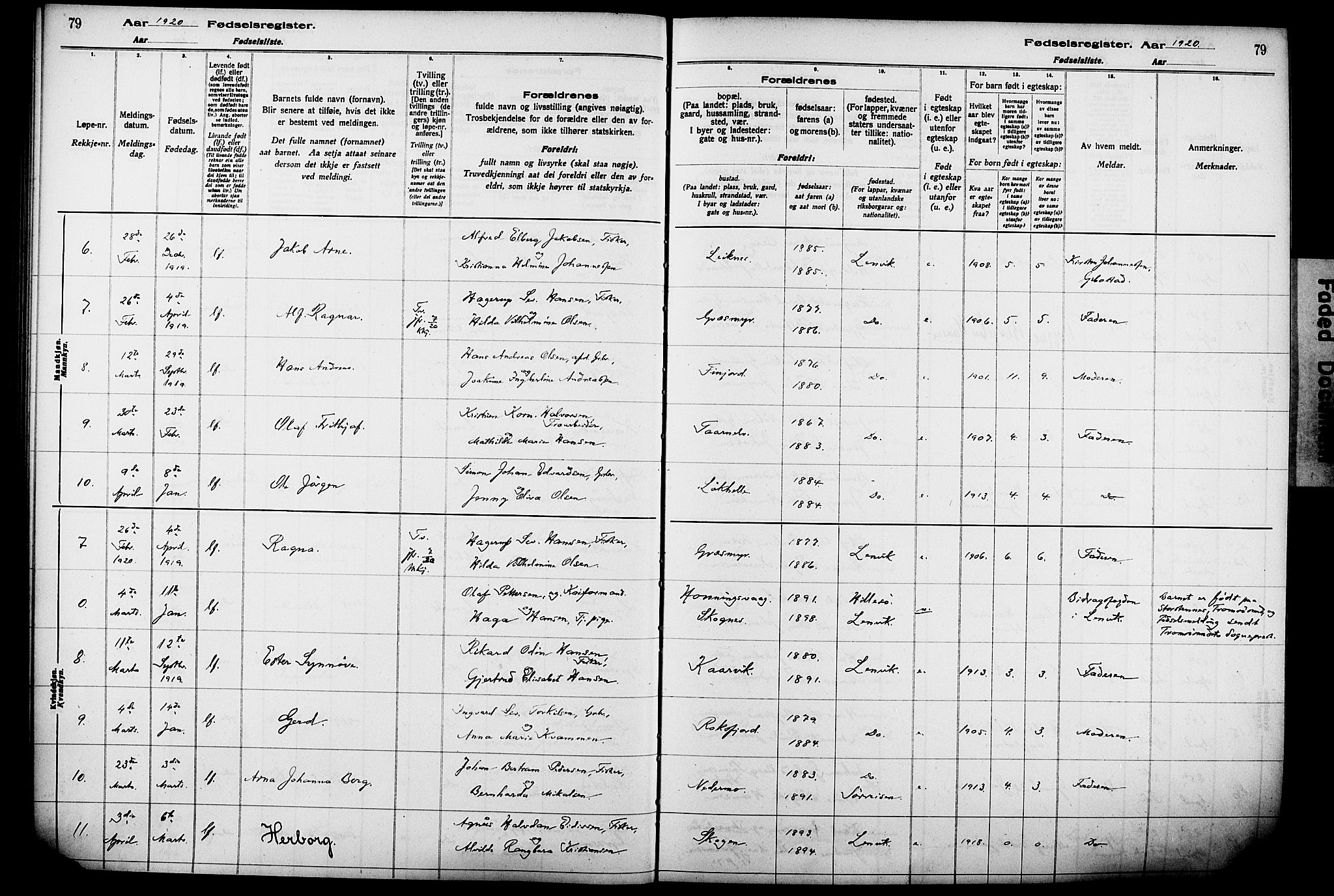 Lenvik sokneprestembete, SATØ/S-1310/I/Ic/L0089: Fødselsregister nr. 89, 1916-1926, s. 79