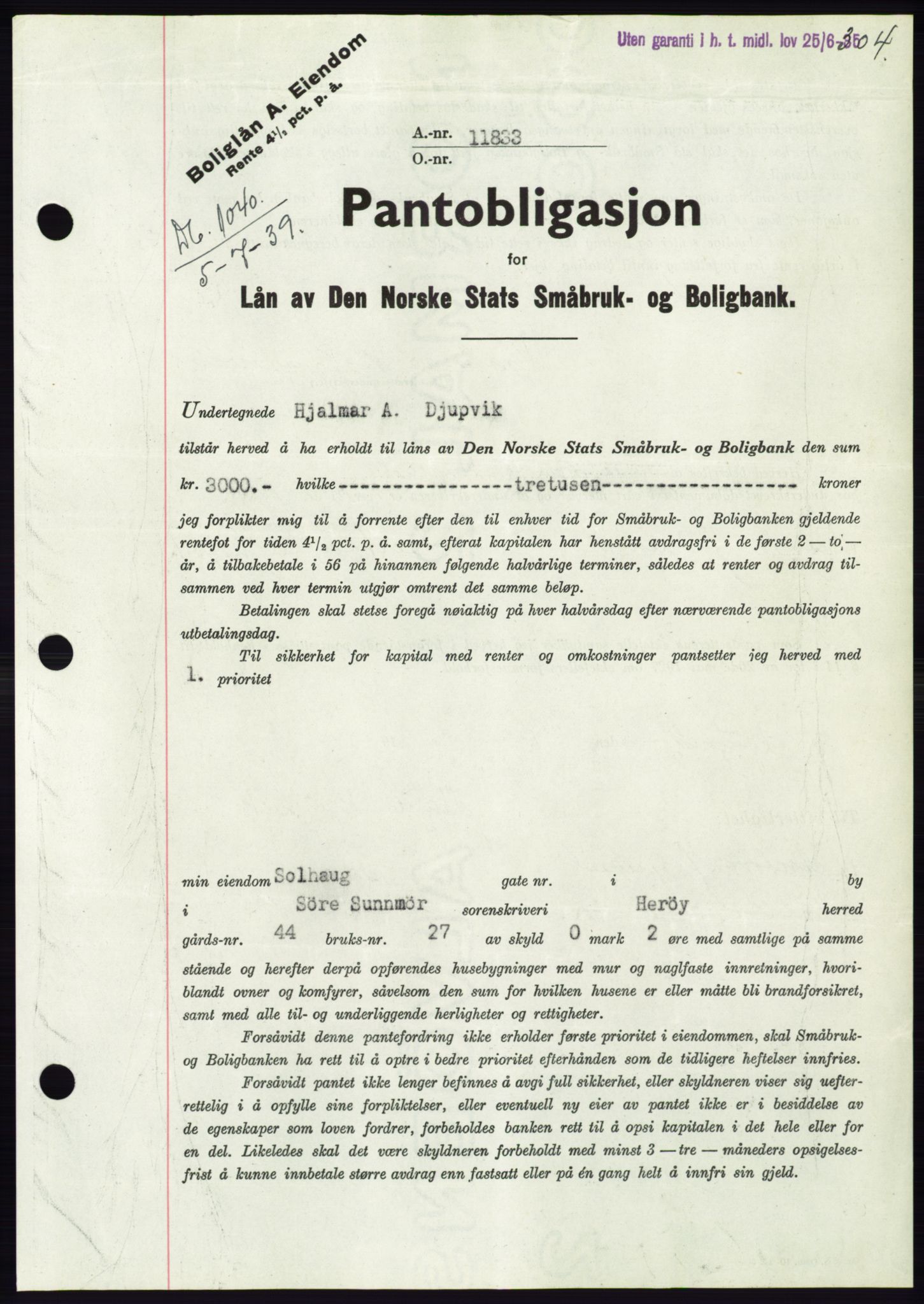 Søre Sunnmøre sorenskriveri, AV/SAT-A-4122/1/2/2C/L0068: Pantebok nr. 62, 1939-1939, Dagboknr: 1040/1939